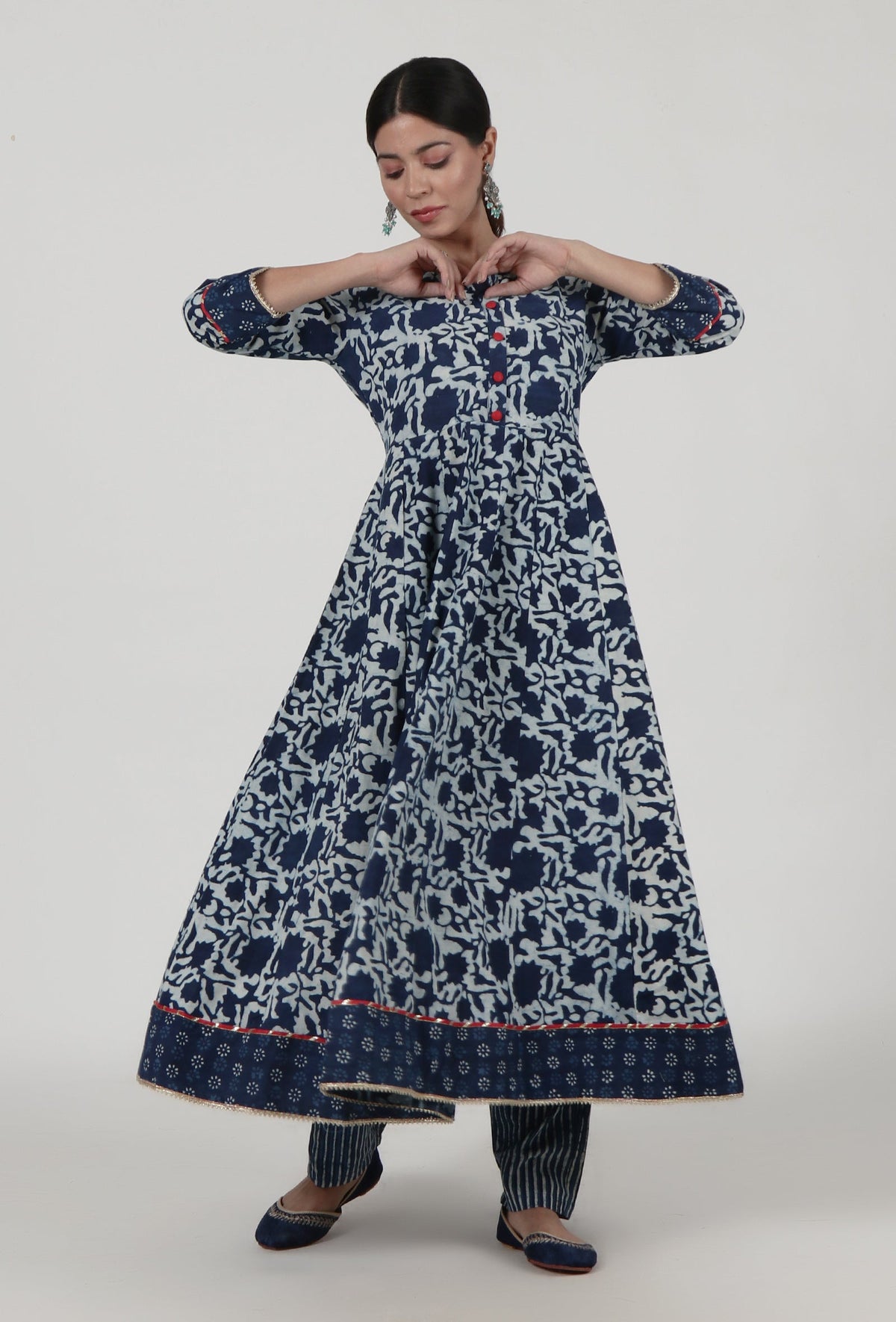 Indigo Printed Blue Cotton Anarkali サイズ XS