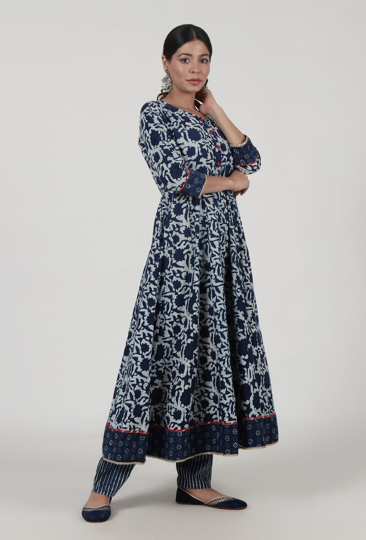 Indigo Printed Blue Cotton Anarkali サイズ XS