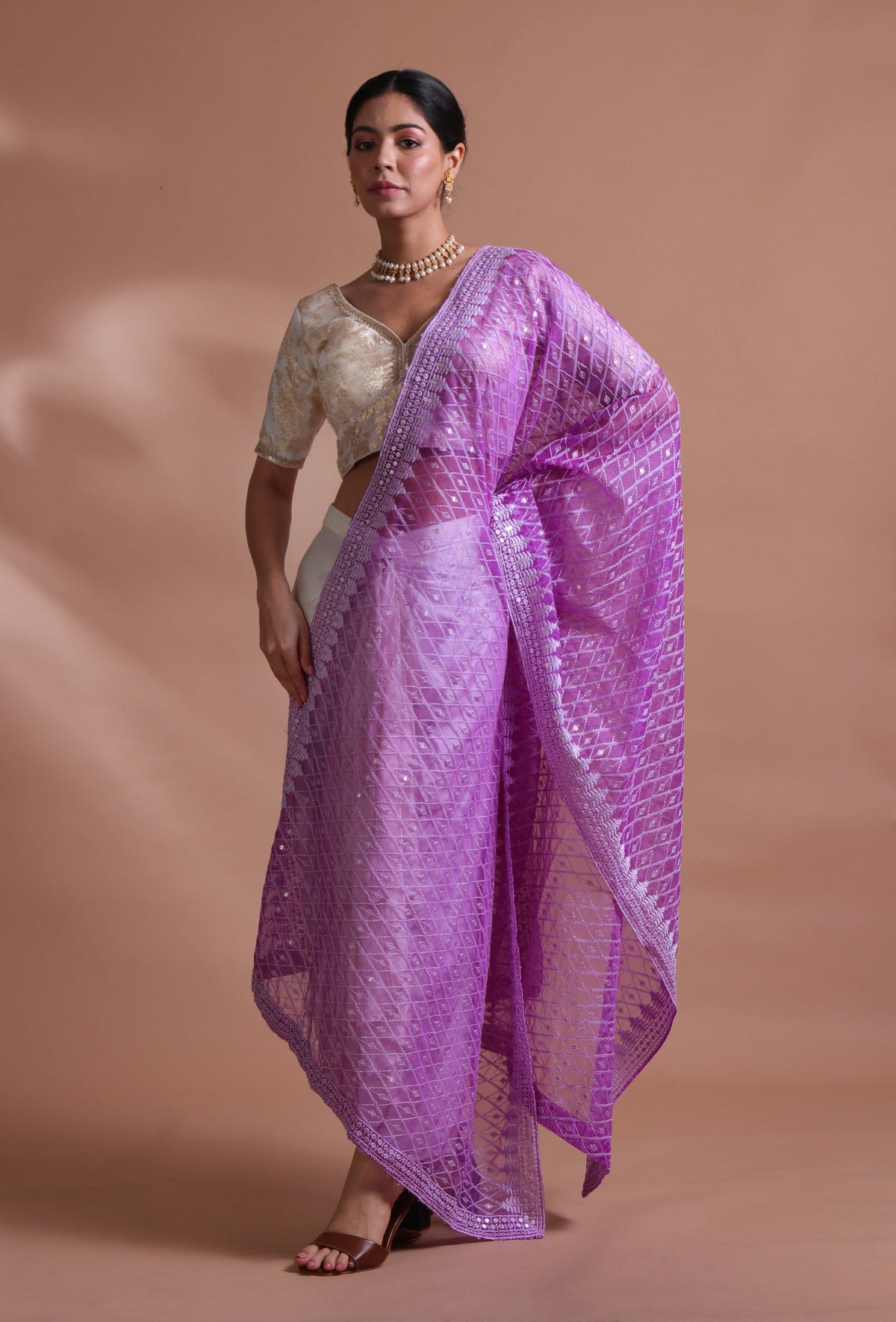 Light Purple Color Silk Organza Embroidered Dupatta