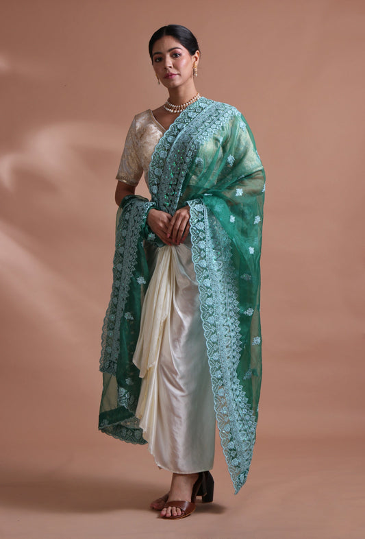 Green Color Silk Organza Embroidered Dupatta