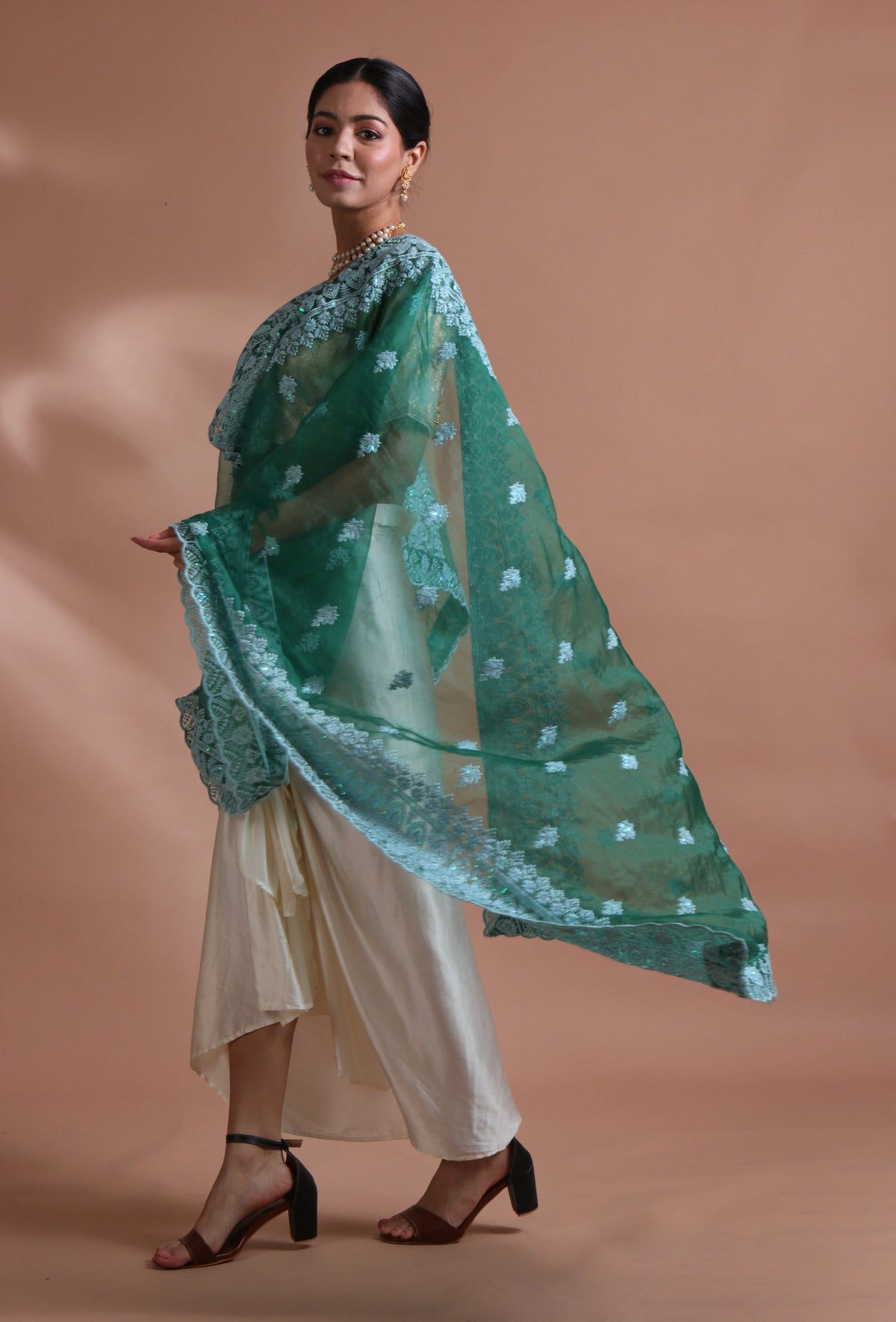Green Color Silk Organza Embroidered Dupatta
