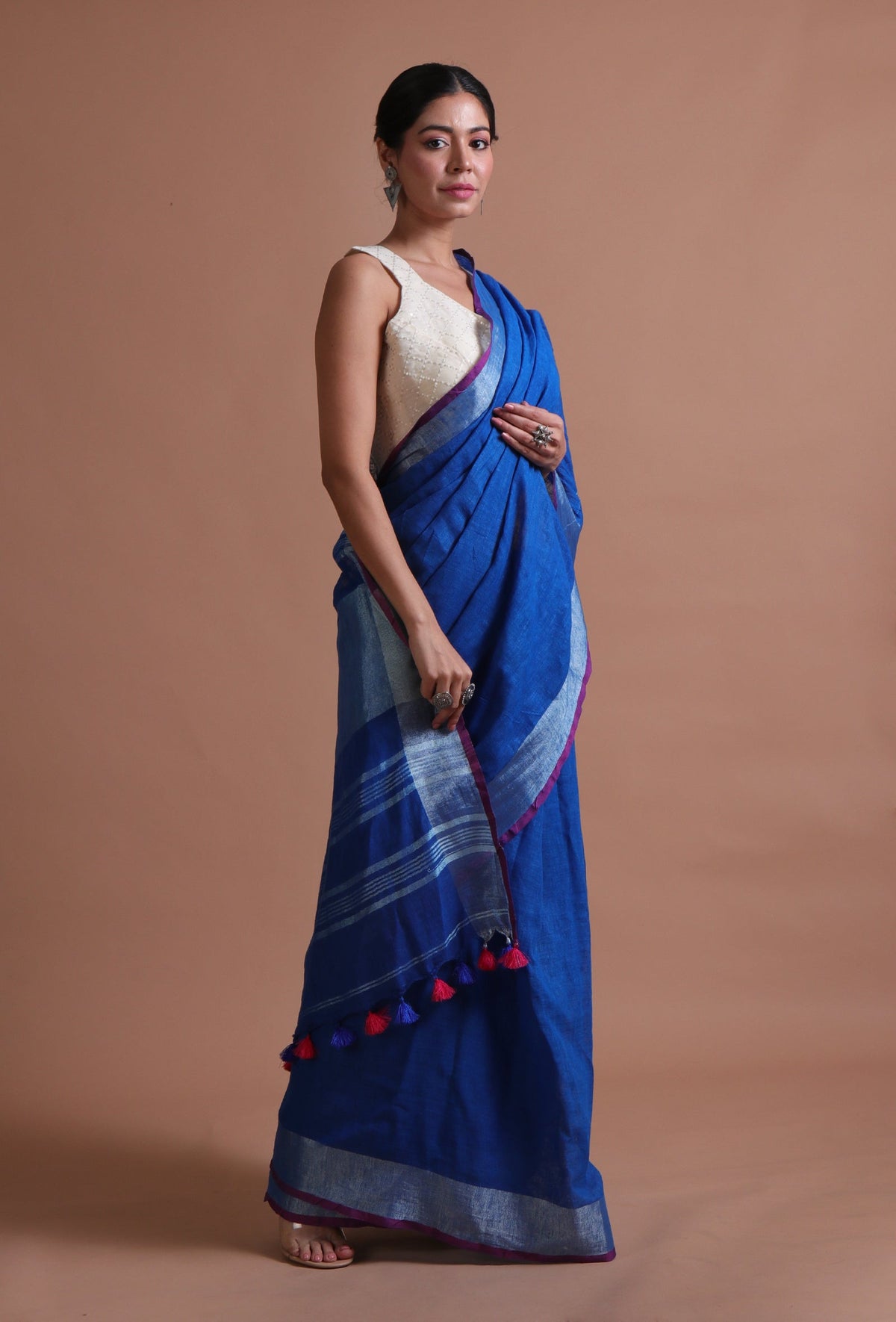Royal Blue Cotton Linen Saree With Unstitched Blouse