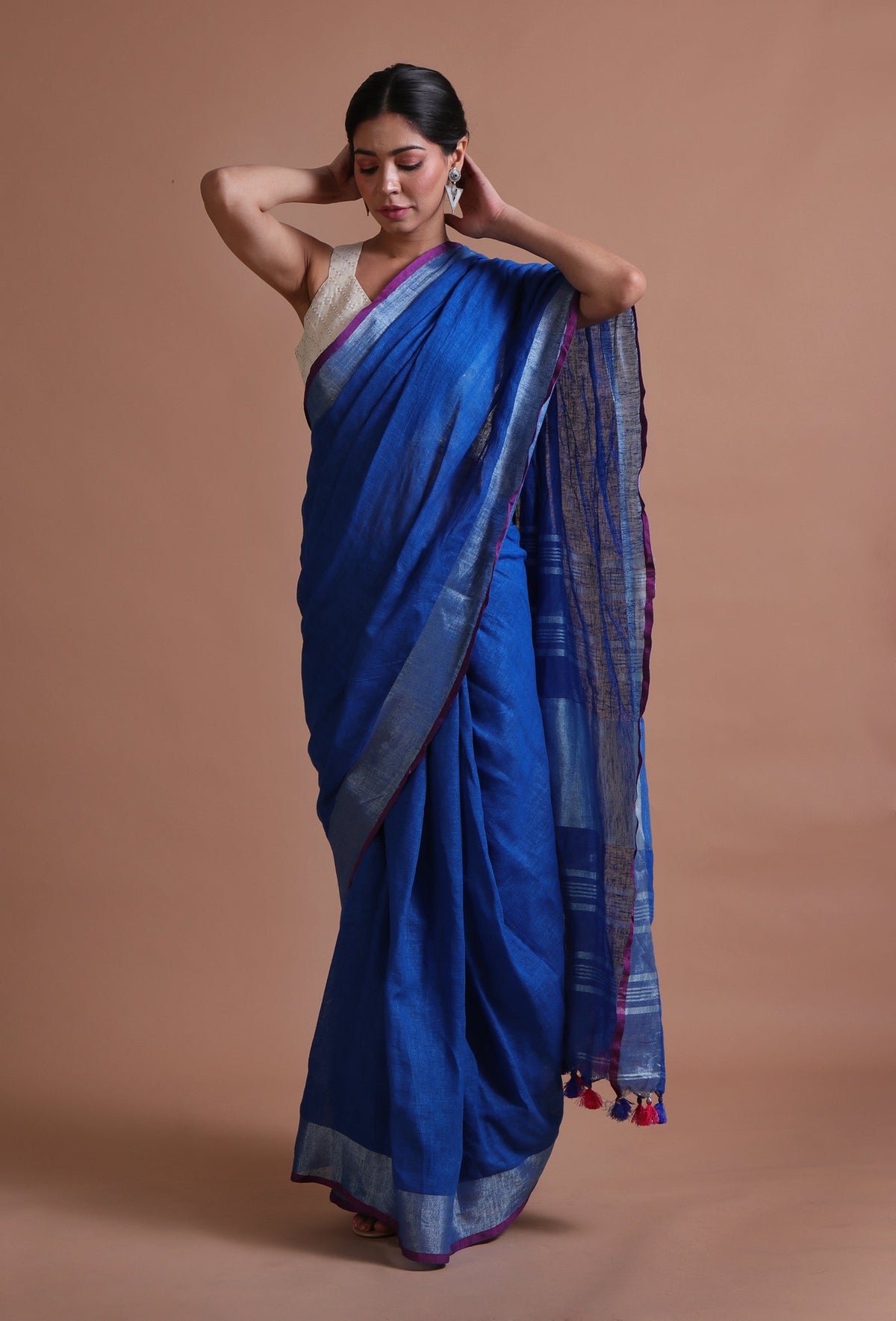 Royal Blue Cotton Linen Saree With Unstitched Blouse