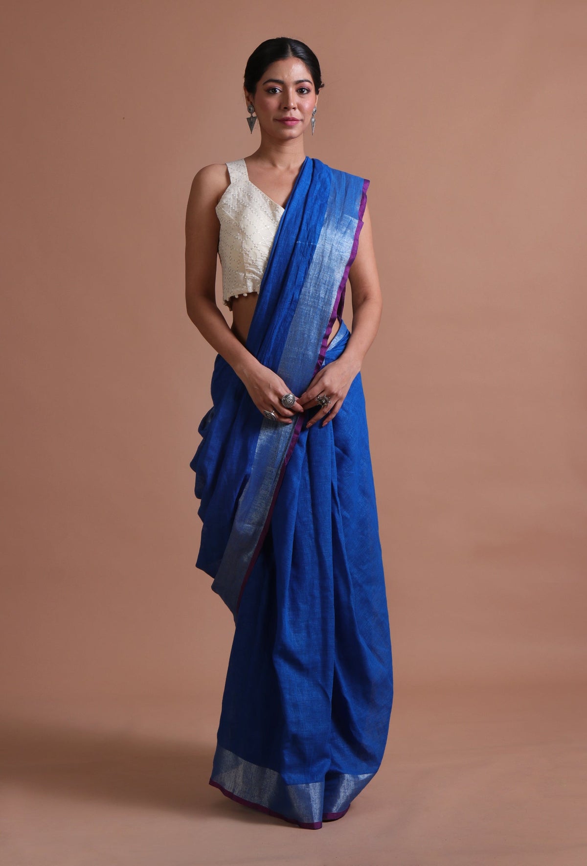 Royal Blue Cotton Linen Saree With Unstitched Blouse