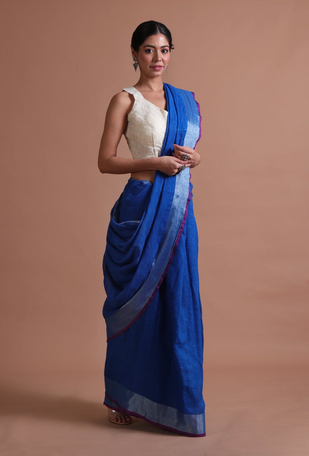 Royal Blue Cotton Linen Saree With Unstitched Blouse