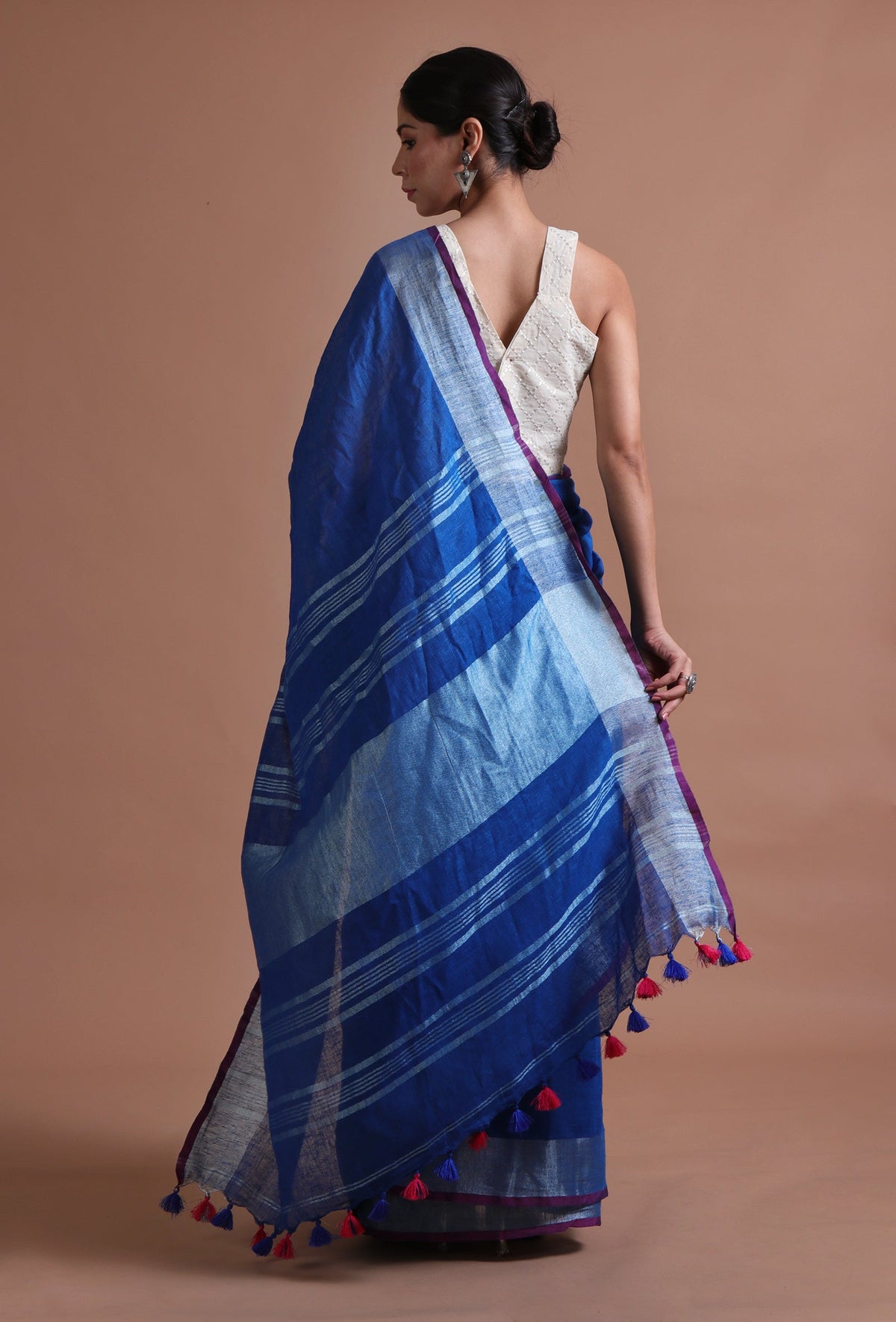 Royal Blue Cotton Linen Saree With Unstitched Blouse