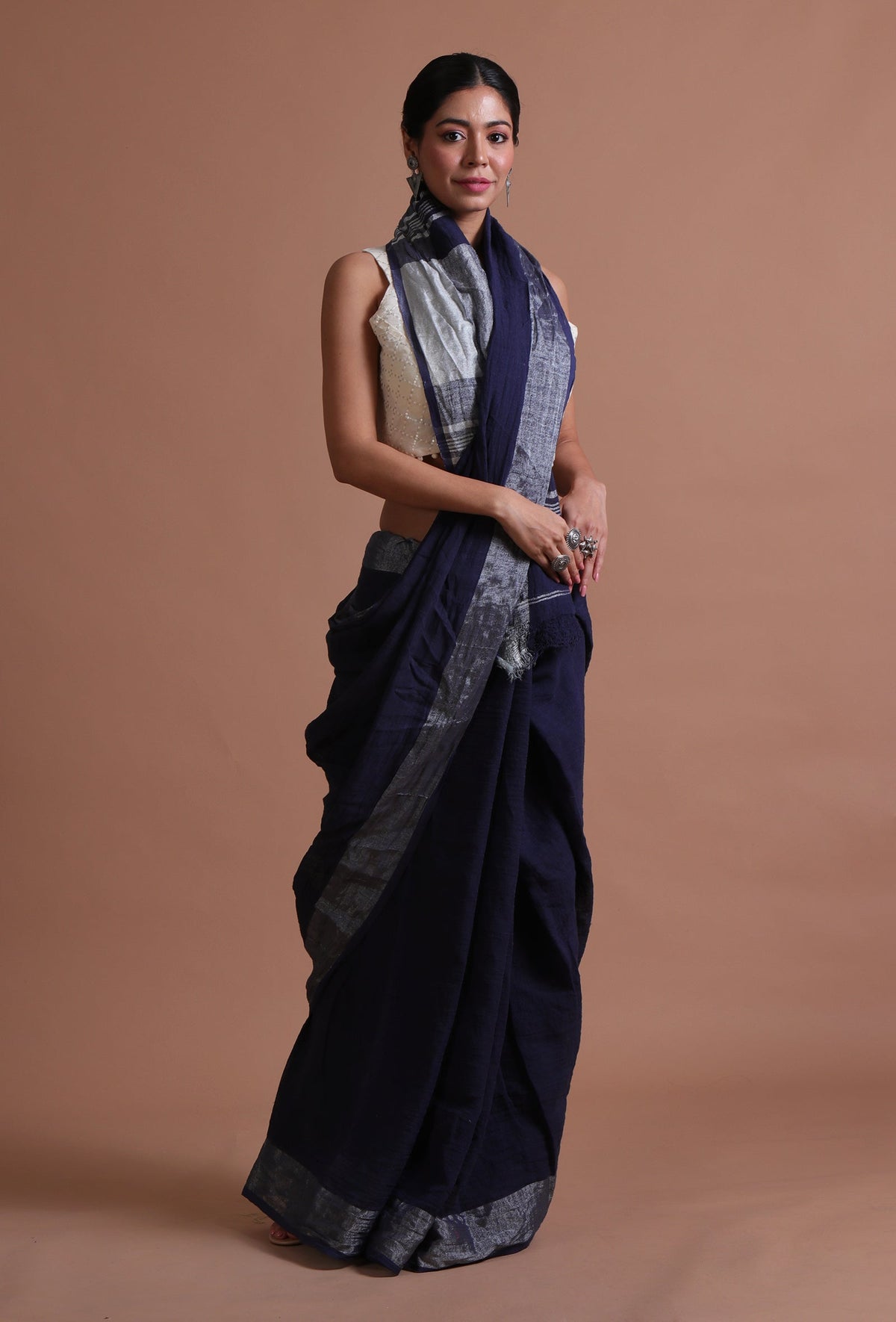 Navy Blue Cotton Linen Saree With Unstitched Blouse