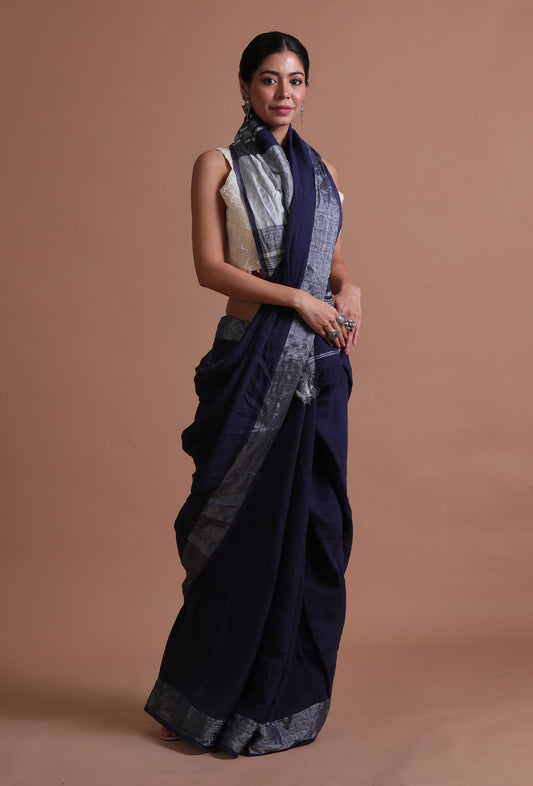 Navy Blue Cotton Linen Saree With Unstitched Blouse