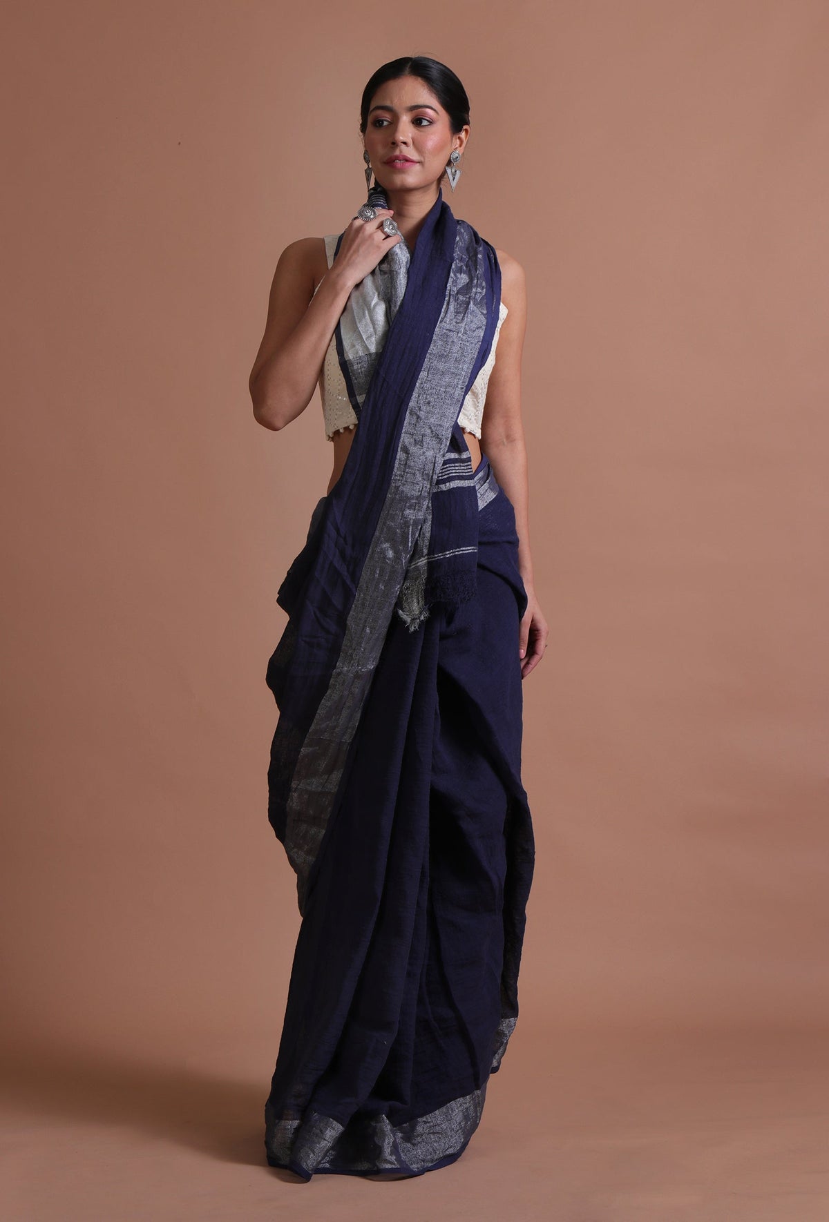 Navy Blue Cotton Linen Saree With Unstitched Blouse
