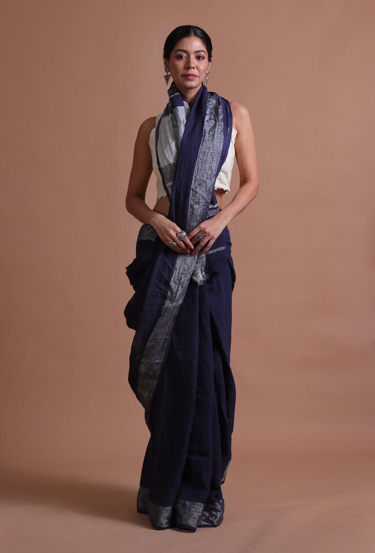 Navy Blue Cotton Linen Saree With Unstitched Blouse