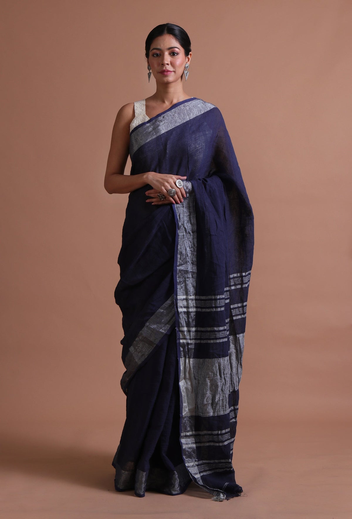 Navy Blue Cotton Linen Saree With Unstitched Blouse