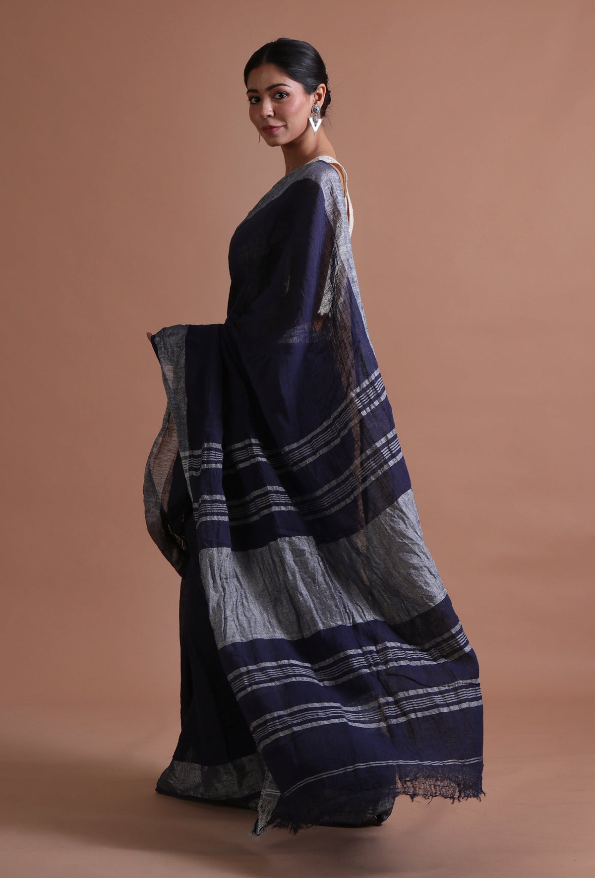 Navy Blue Cotton Linen Saree With Unstitched Blouse