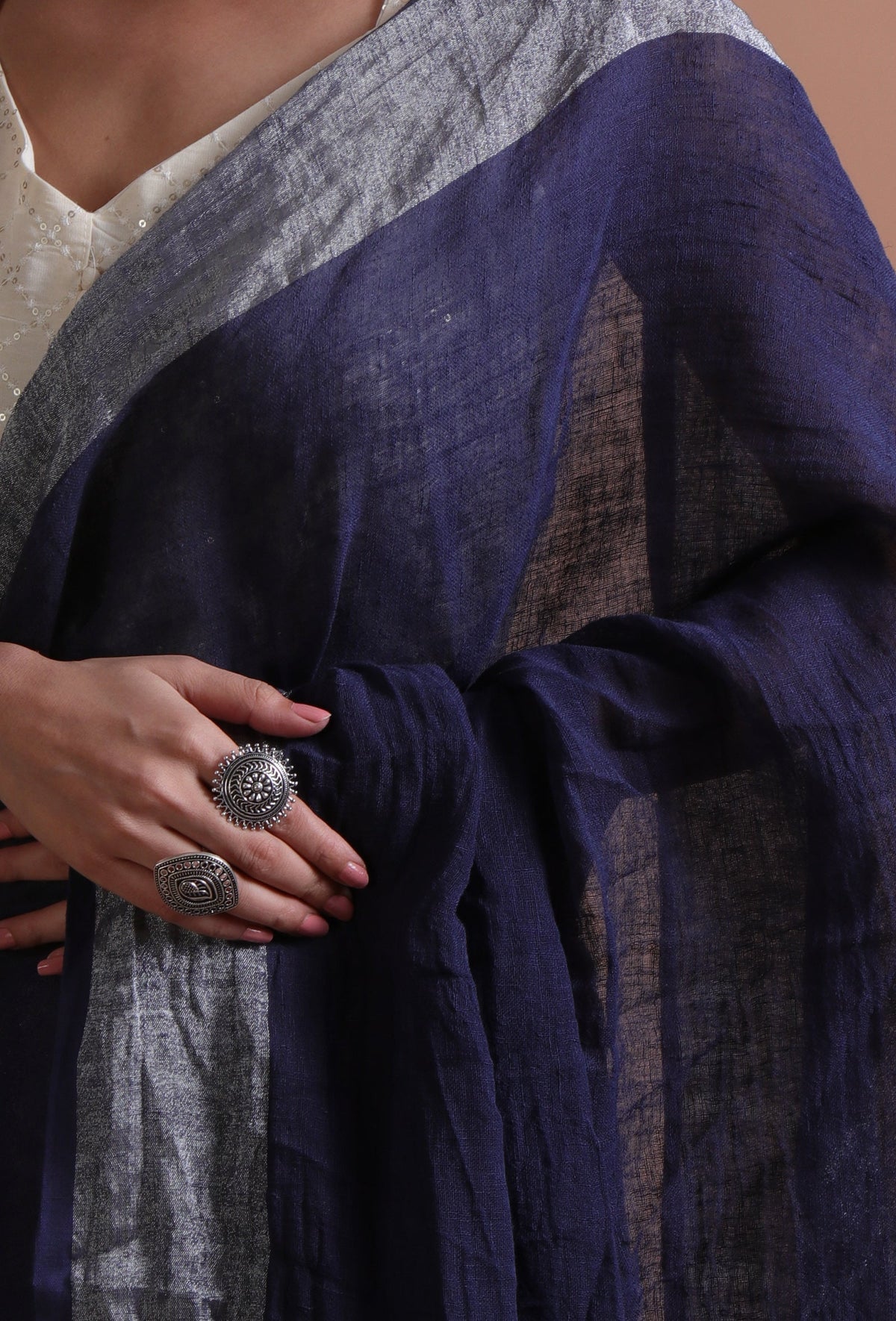 Navy Blue Cotton Linen Saree With Unstitched Blouse