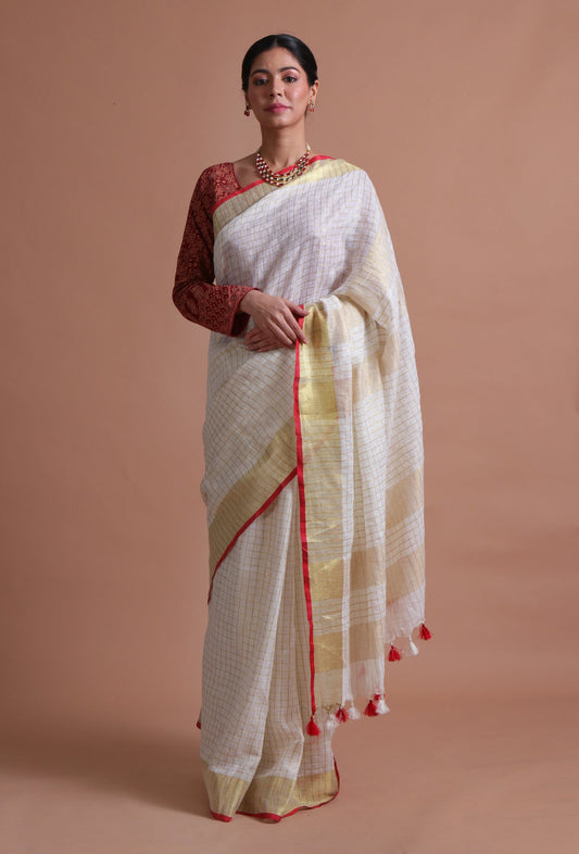 White Red Color Cotton Linen Saree With Unstitched Blouse