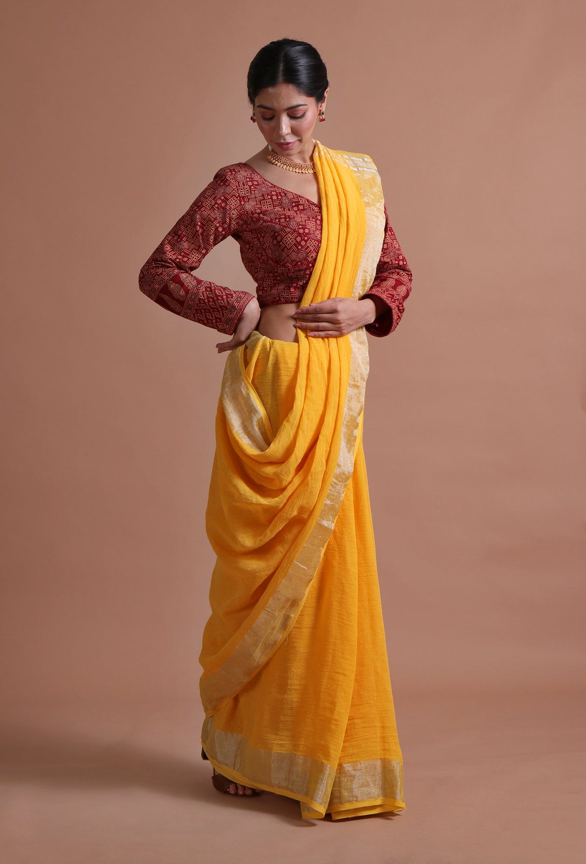 Marigold Yellow Cotton Linen Saree with Contrast Unstitched Blouse
