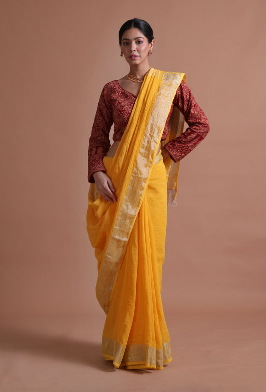Marigold Yellow Cotton Linen Saree with Contrast Unstitched Blouse