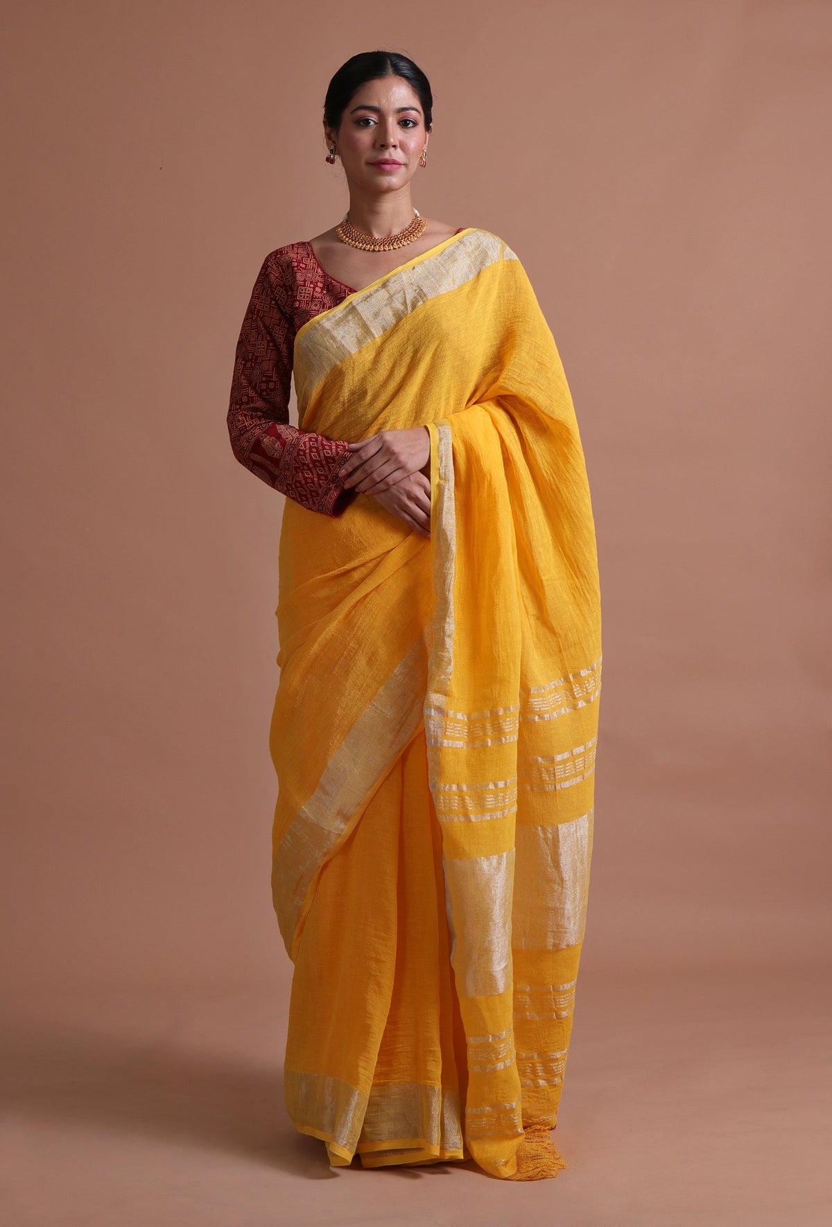 Marigold Yellow Cotton Linen Saree with Contrast Unstitched Blouse