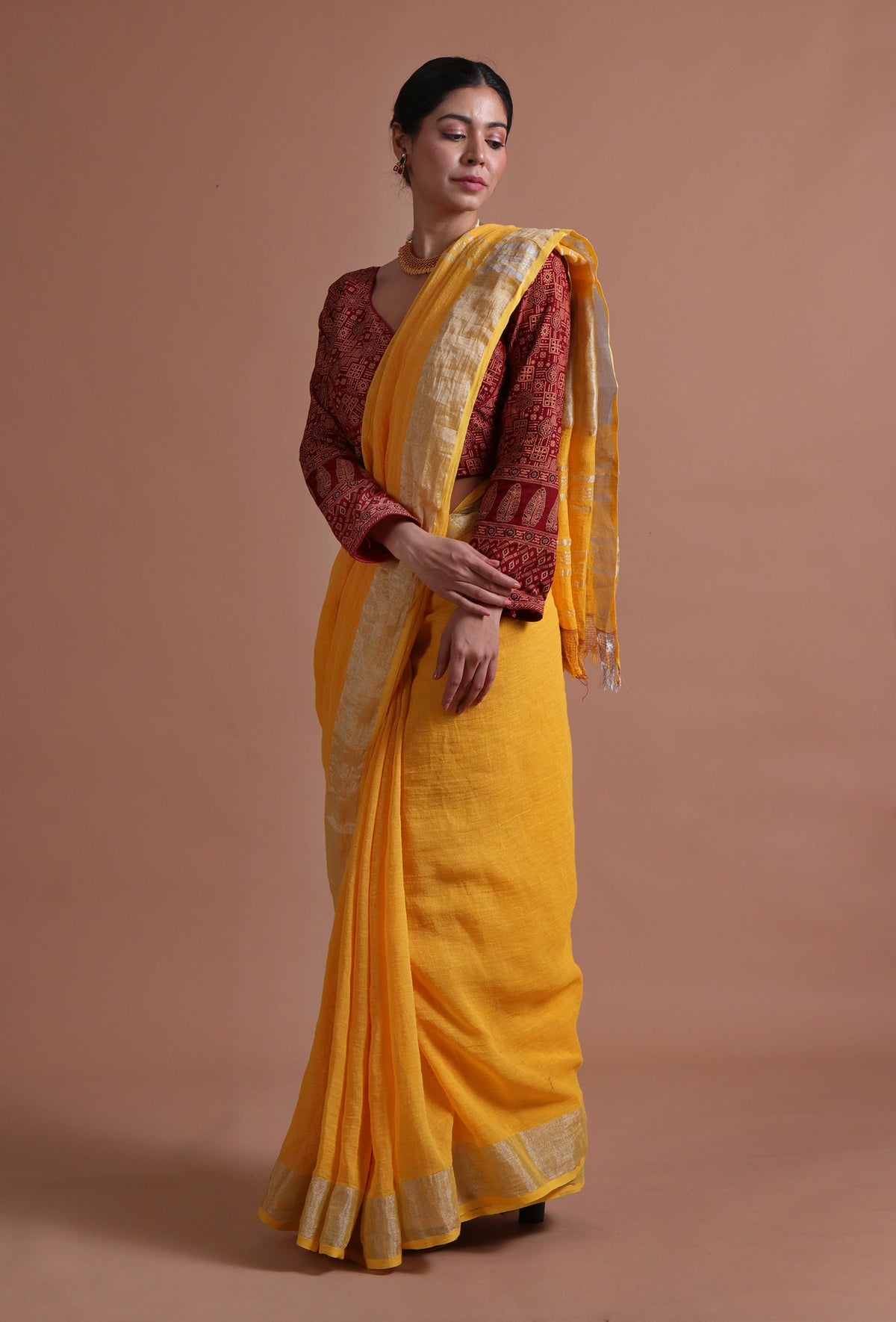 Marigold Yellow Cotton Linen Saree with Contrast Unstitched Blouse