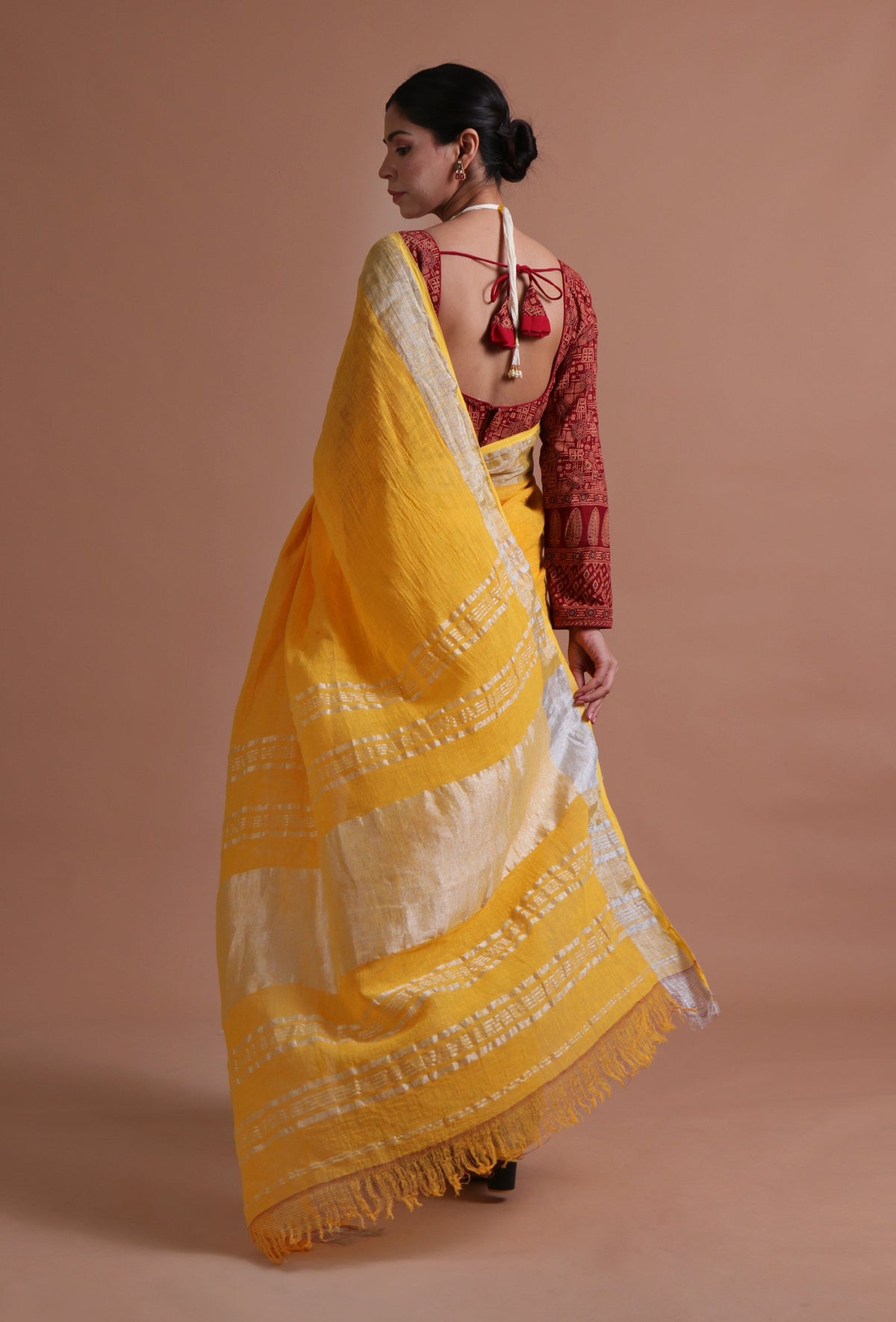 Marigold Yellow Cotton Linen Saree with Contrast Unstitched Blouse