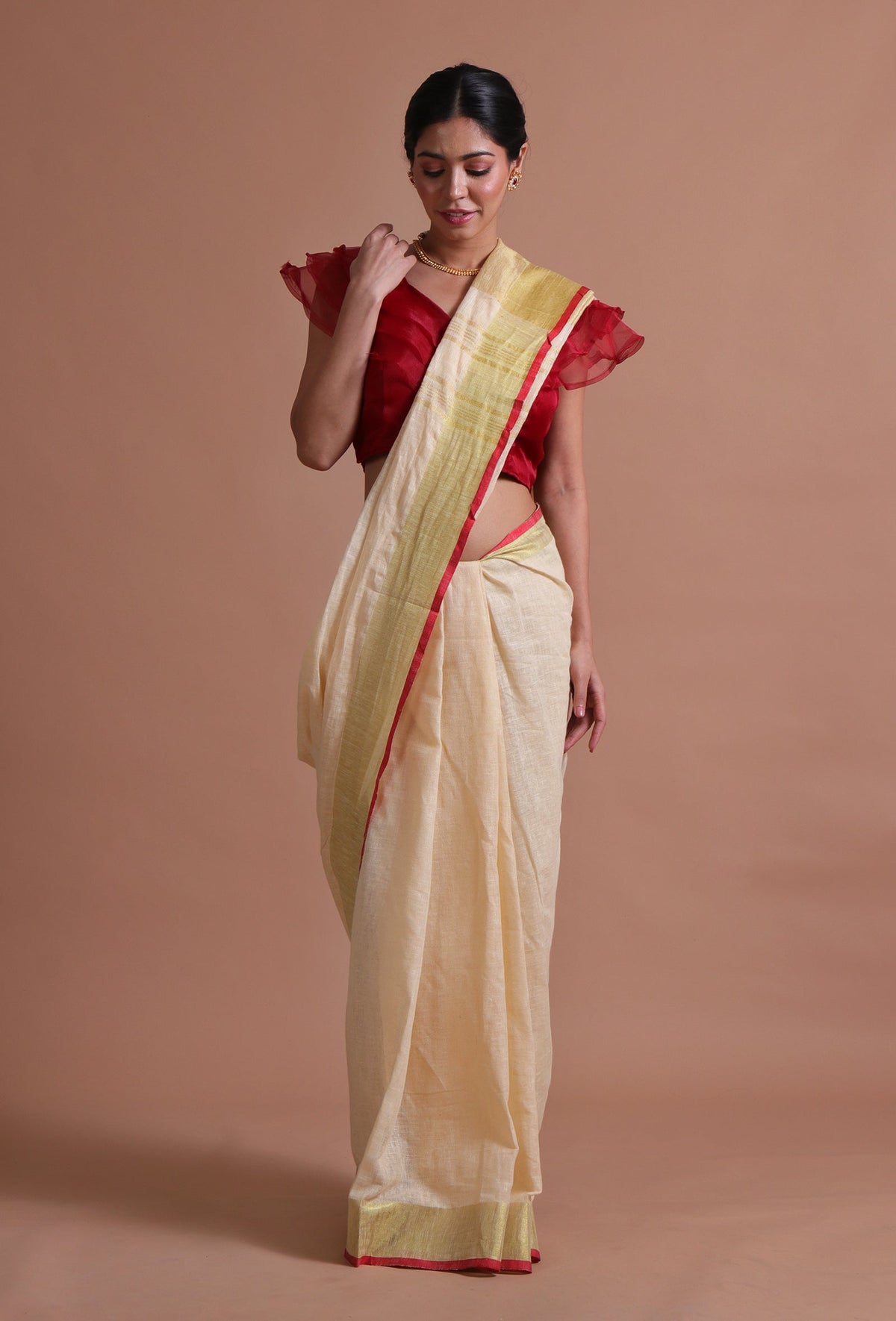 Off-White Cotton Linen Saree with Red Border & Unstitched Blouse