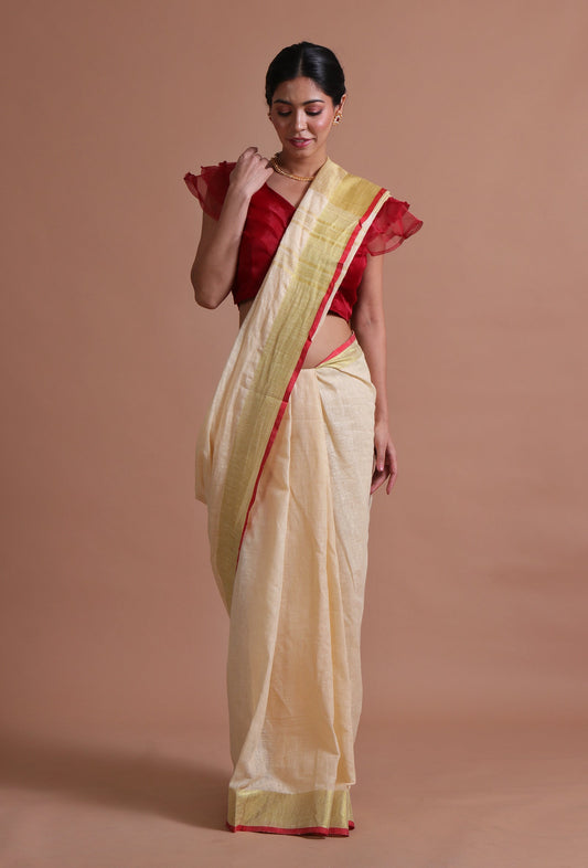Off-White Cotton Linen Saree with Red Border & Unstitched Blouse