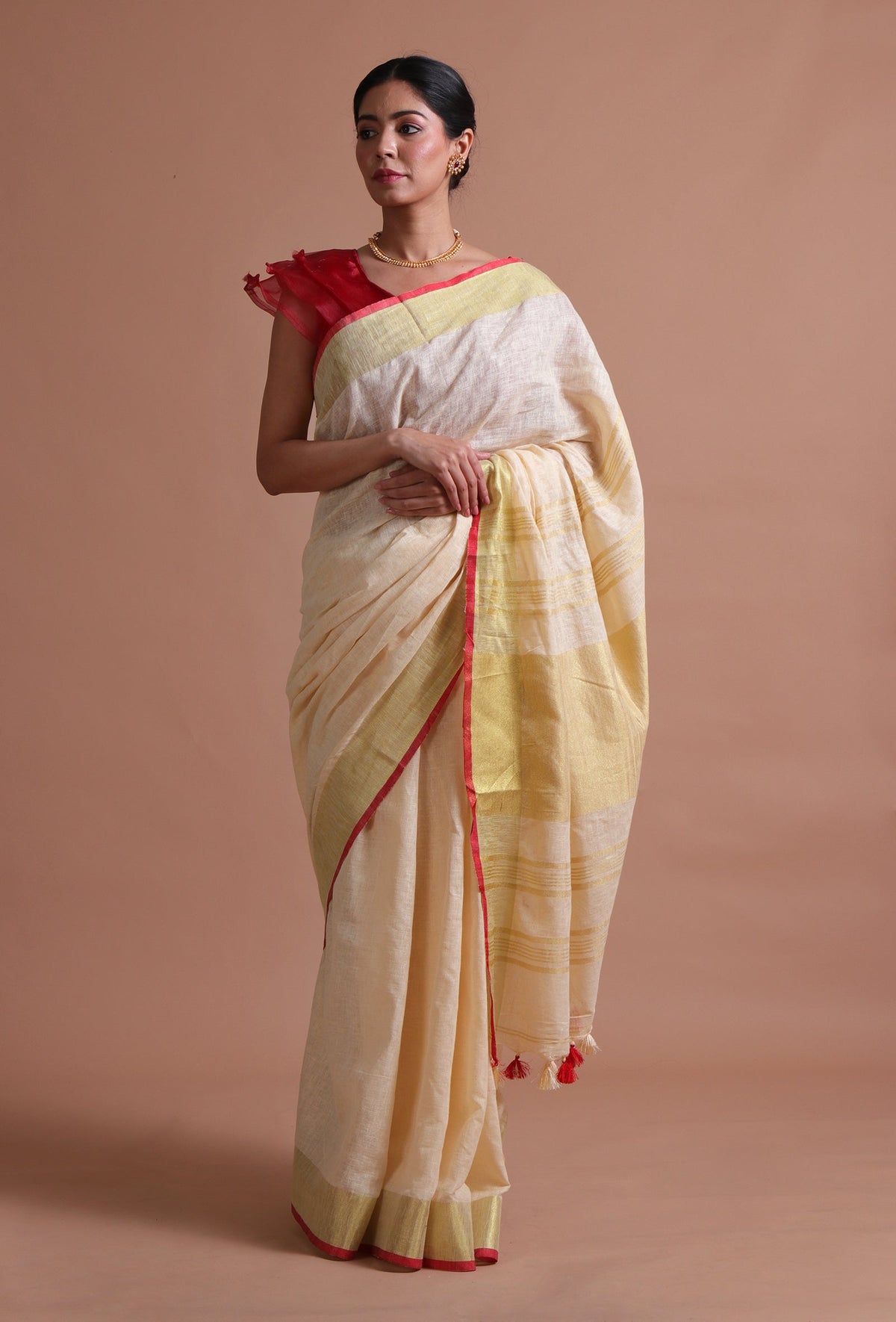 Off-White Cotton Linen Saree with Red Border & Unstitched Blouse