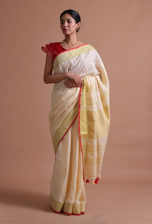 Off-White Cotton Linen Saree with Red Border & Unstitched Blouse