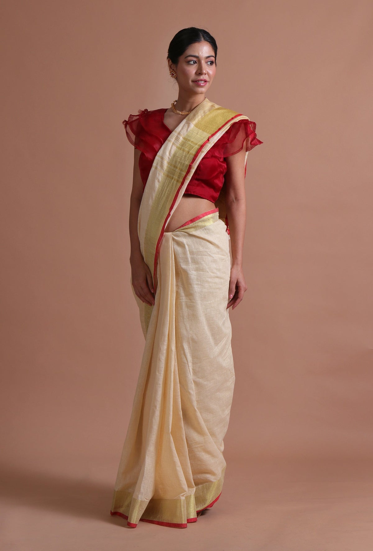 Off-White Cotton Linen Saree with Red Border & Unstitched Blouse