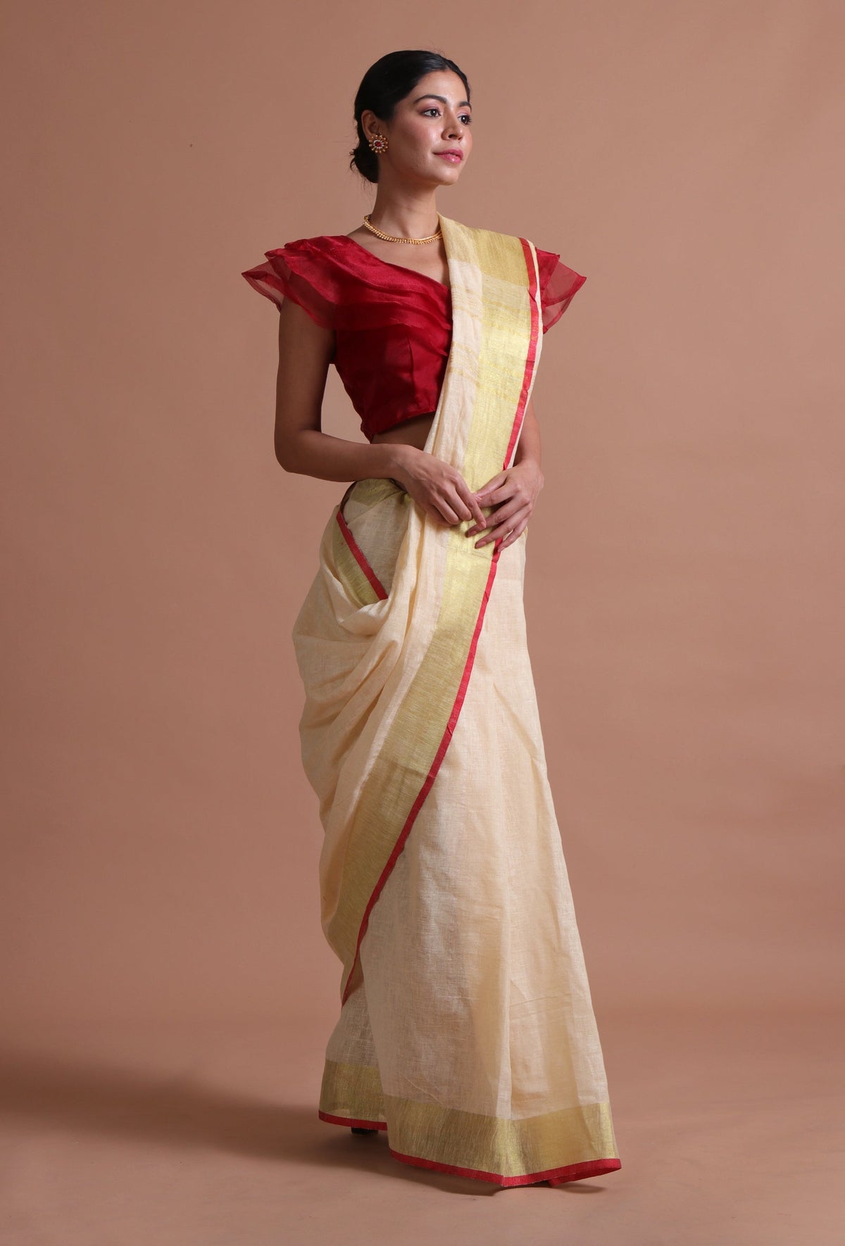 Off-White Cotton Linen Saree with Red Border & Unstitched Blouse