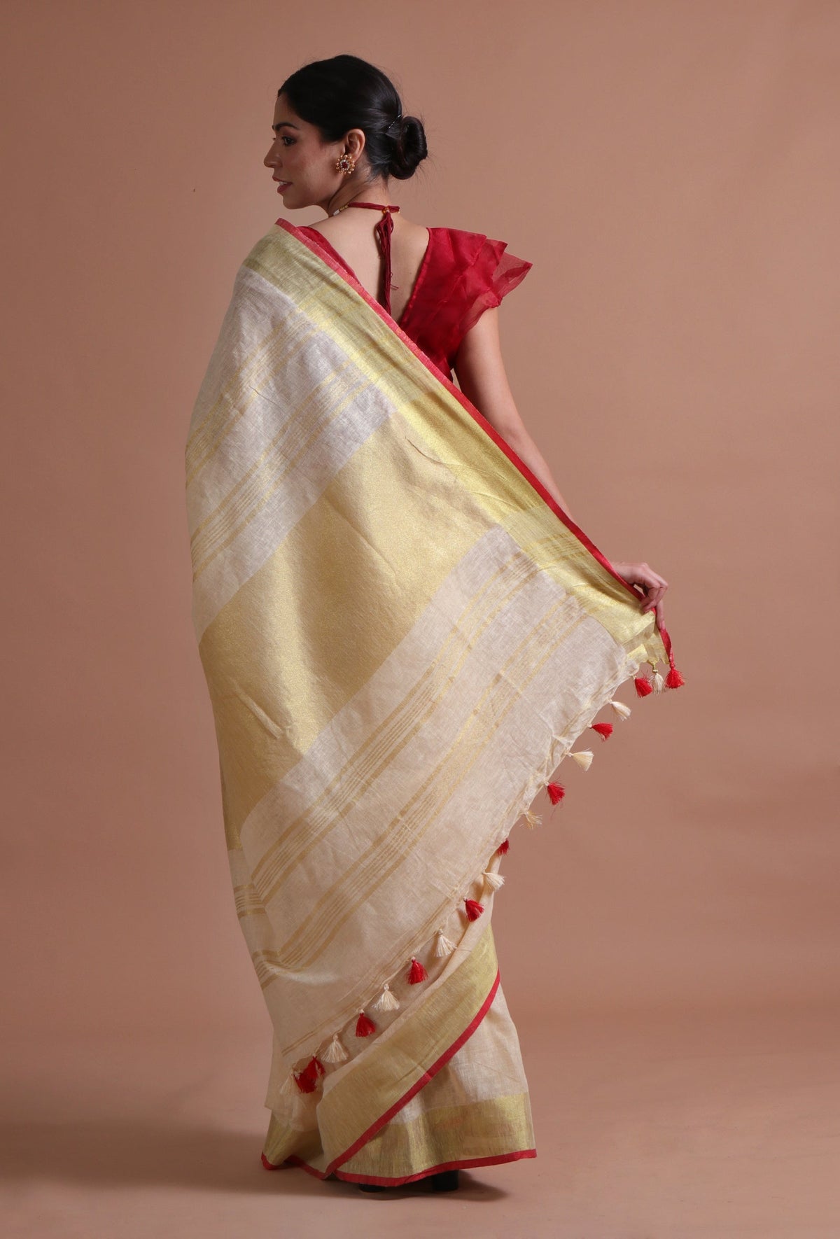Off-White Cotton Linen Saree with Red Border & Unstitched Blouse
