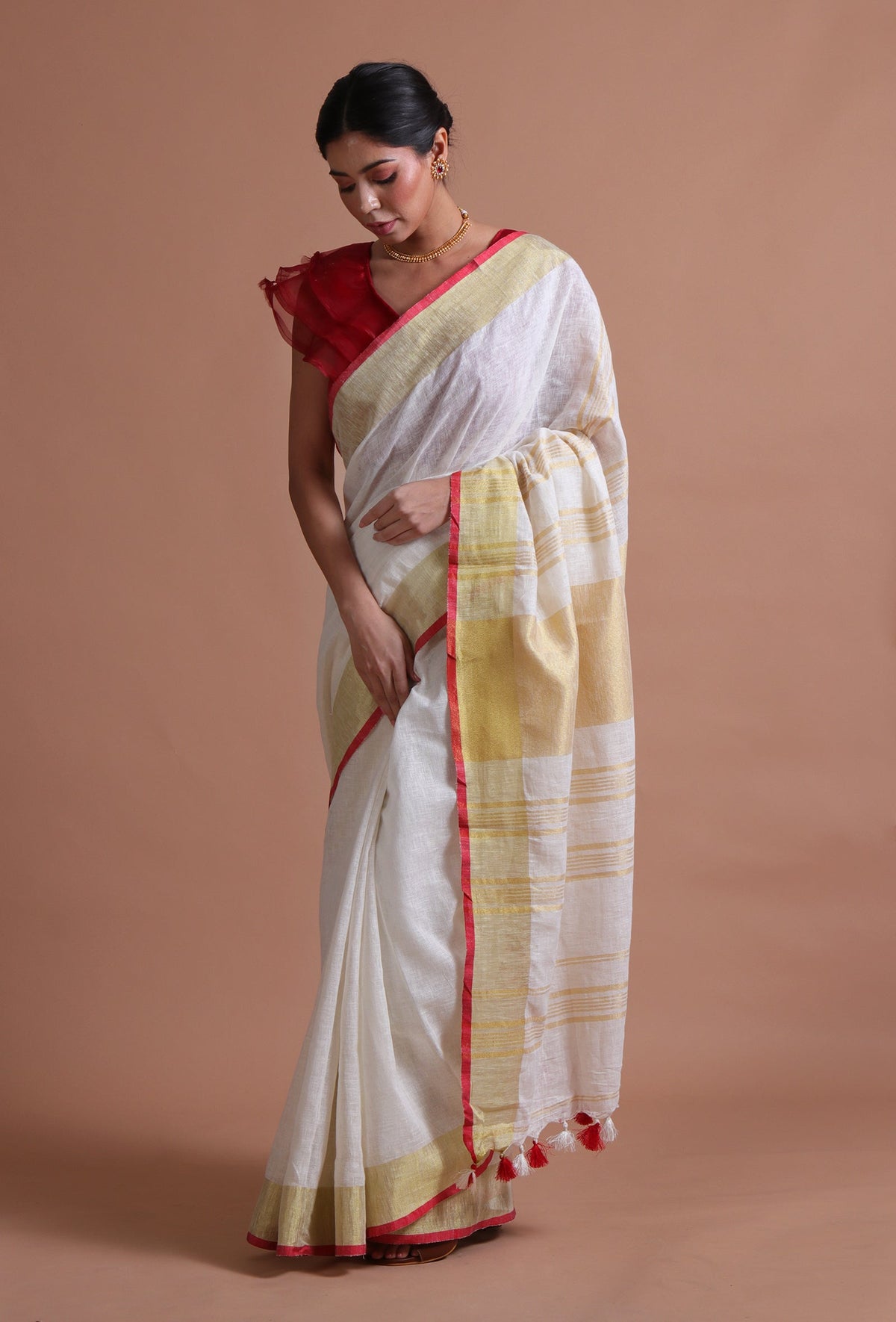 White Color Cotton Linen Saree With Unstitched Blouse