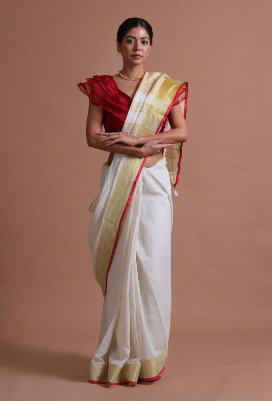 White Color Cotton Linen Saree With Unstitched Blouse