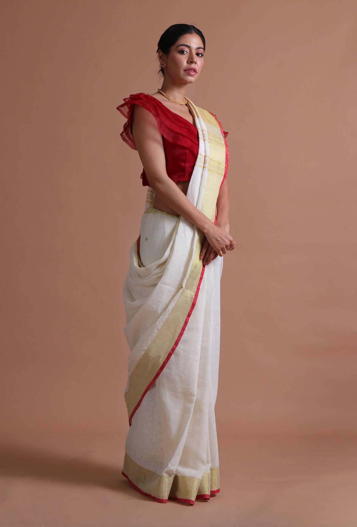 White Color Cotton Linen Saree With Unstitched Blouse