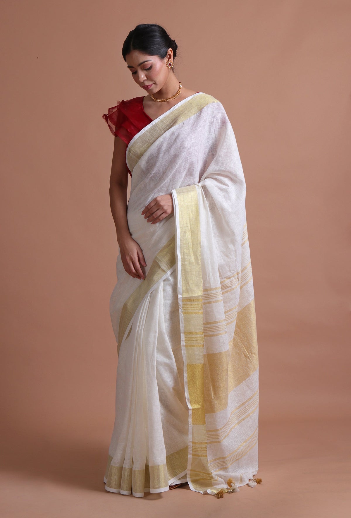 Off-White Cotton Linen Saree with Unstitched Red Blouse