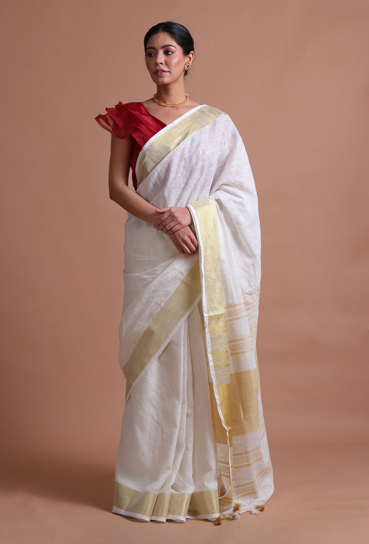 Off-White Cotton Linen Saree with Unstitched Red Blouse
