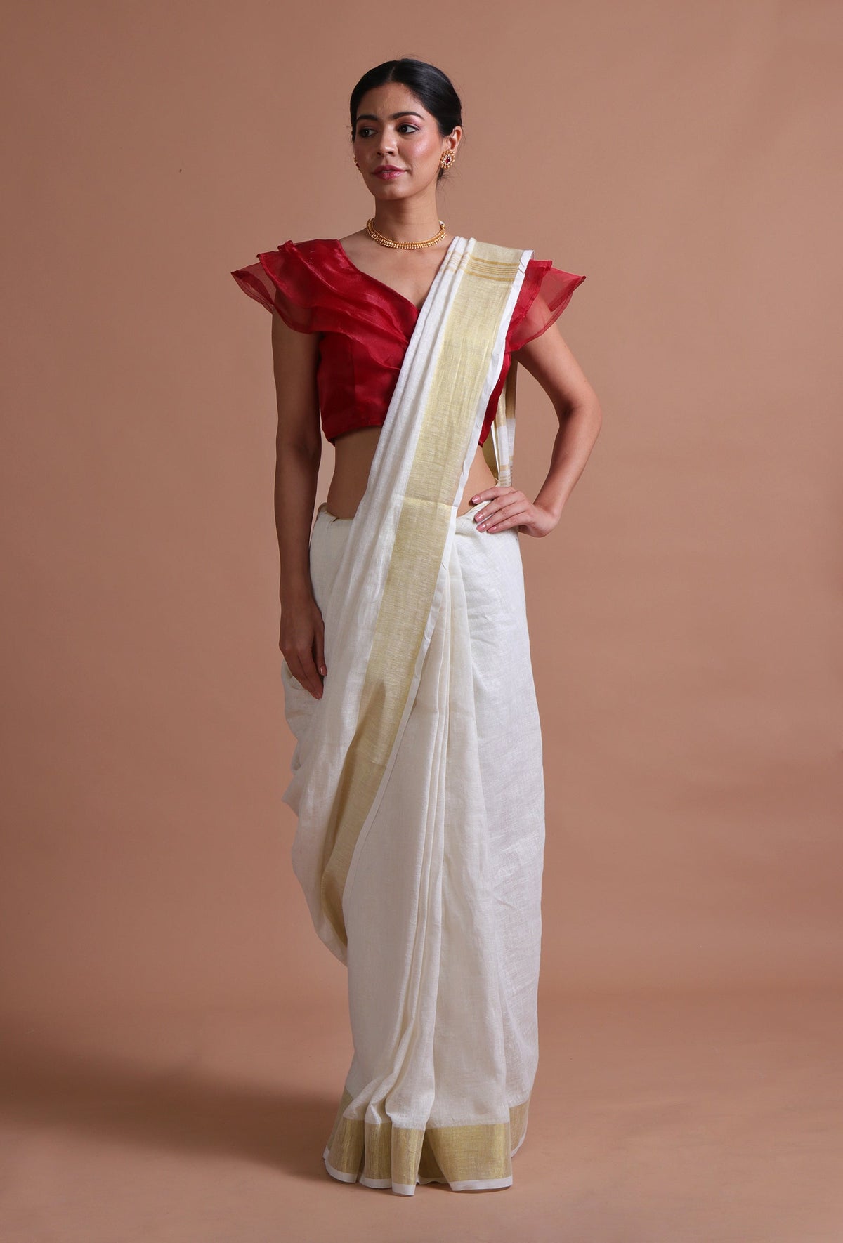 Off-White Cotton Linen Saree with Unstitched Red Blouse