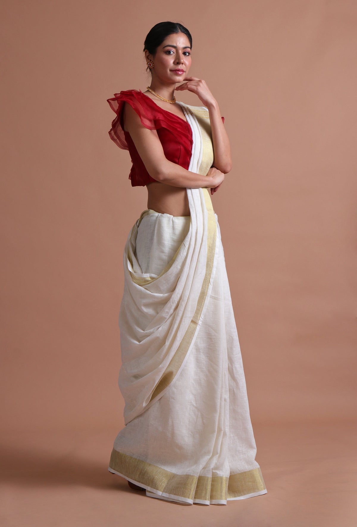 Off-White Cotton Linen Saree with Unstitched Red Blouse