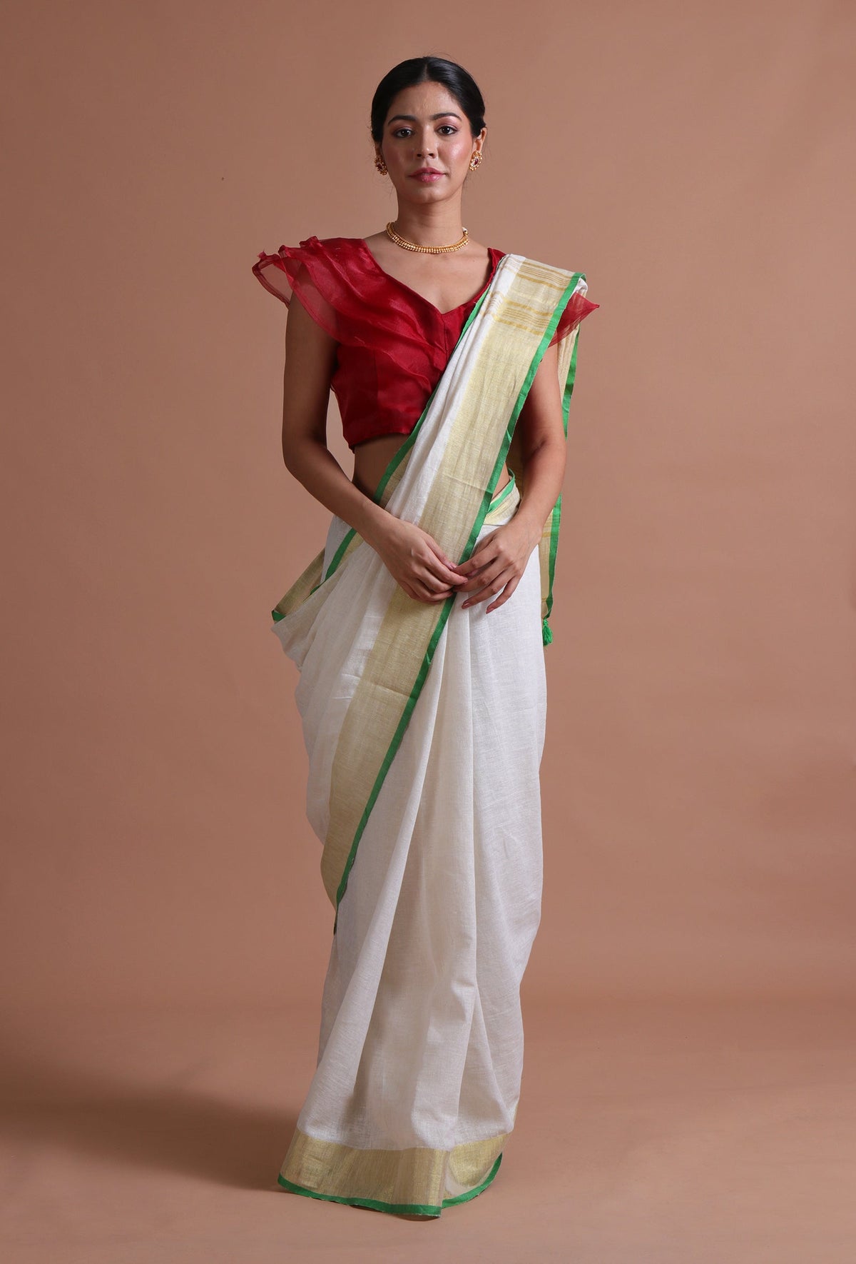 Off-White Cotton Linen Saree with Gold Border & Unstitched Blouse