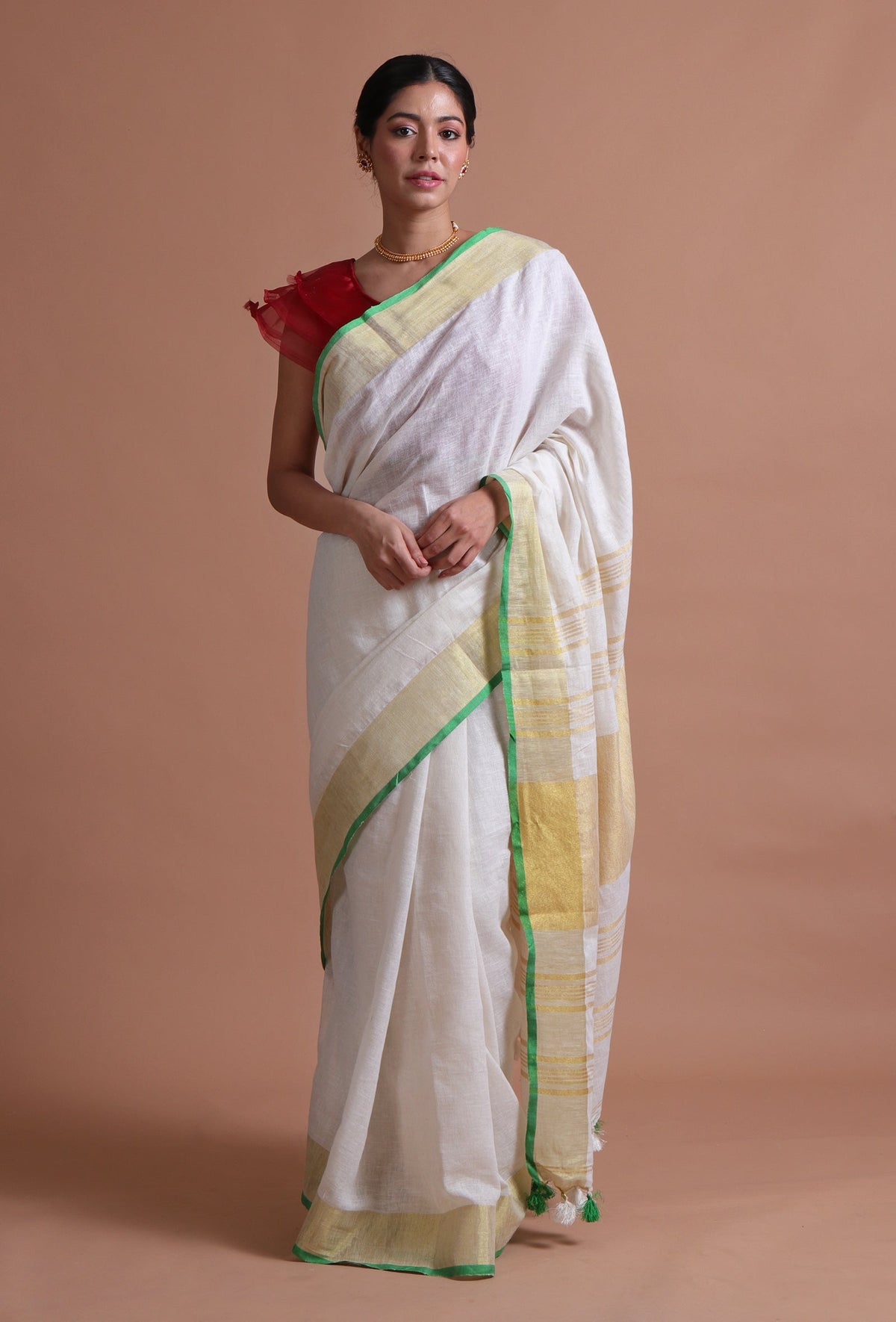 Off-White Cotton Linen Saree with Gold Border & Unstitched Blouse