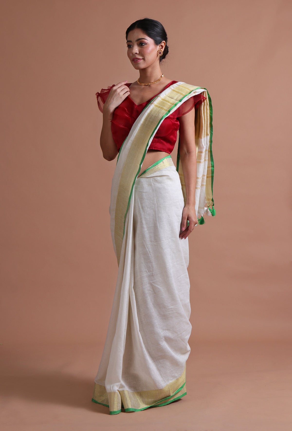 Off-White Cotton Linen Saree with Gold Border & Unstitched Blouse
