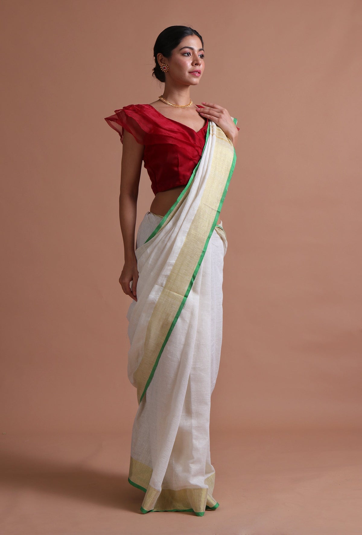 Off-White Cotton Linen Saree with Gold Border & Unstitched Blouse
