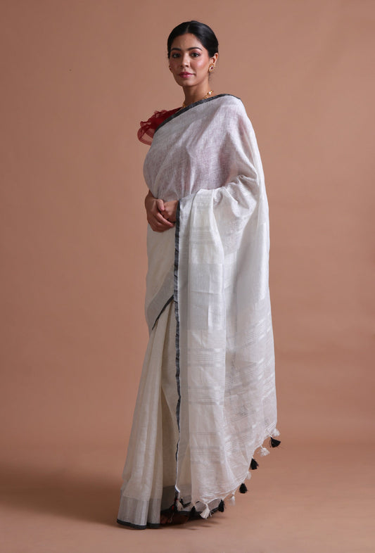 Off-White Cotton Linen Saree with Red Blouse