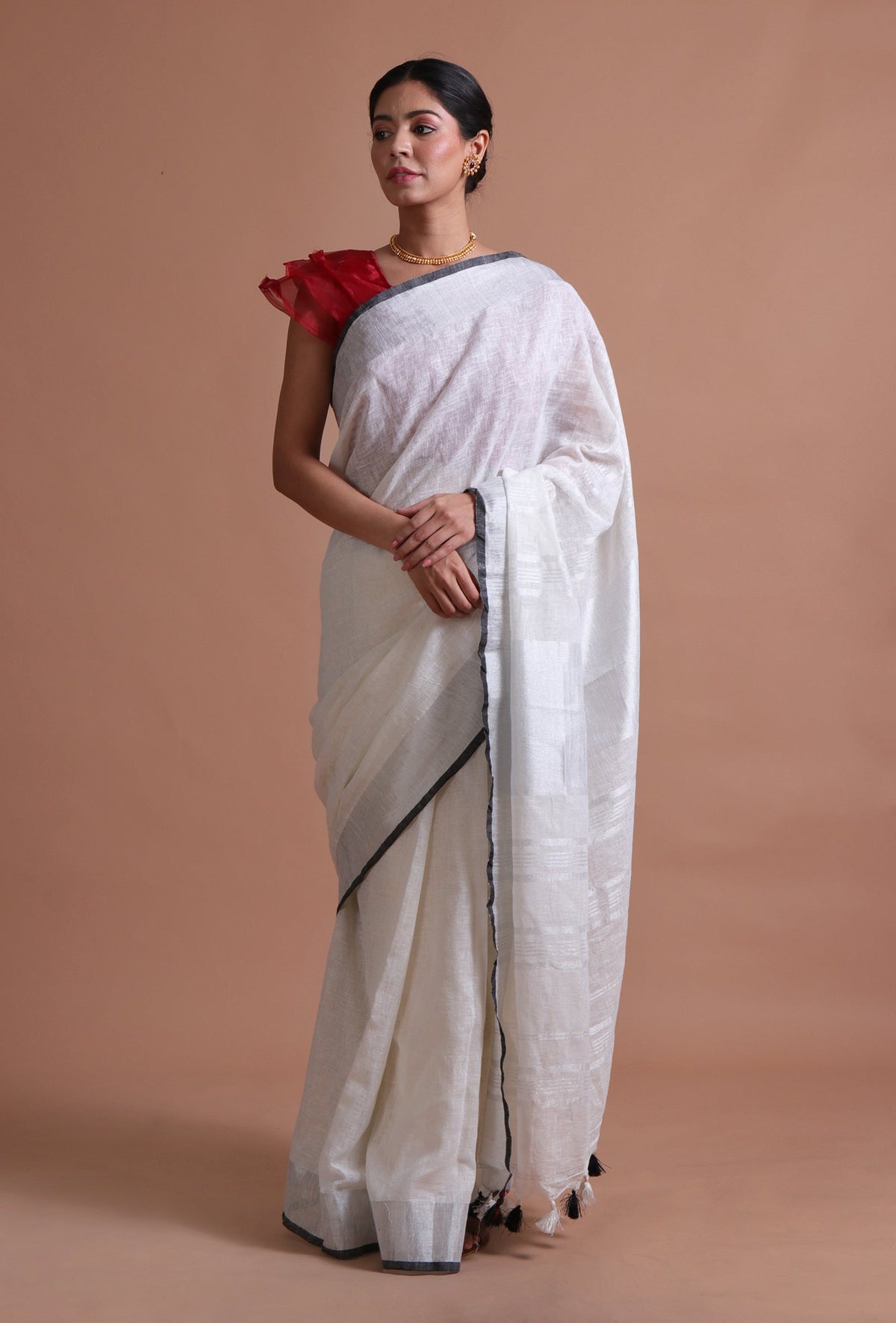 Off-White Cotton Linen Saree with Red Blouse
