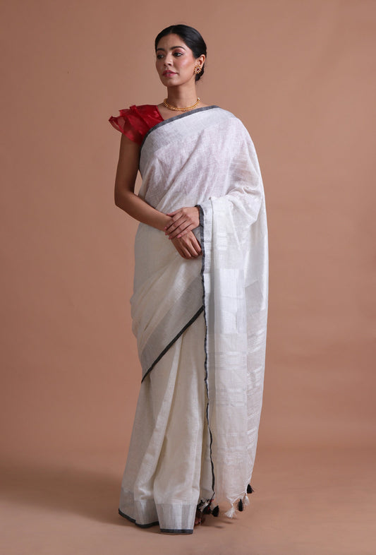 Off-White Cotton Linen Saree with Red Blouse