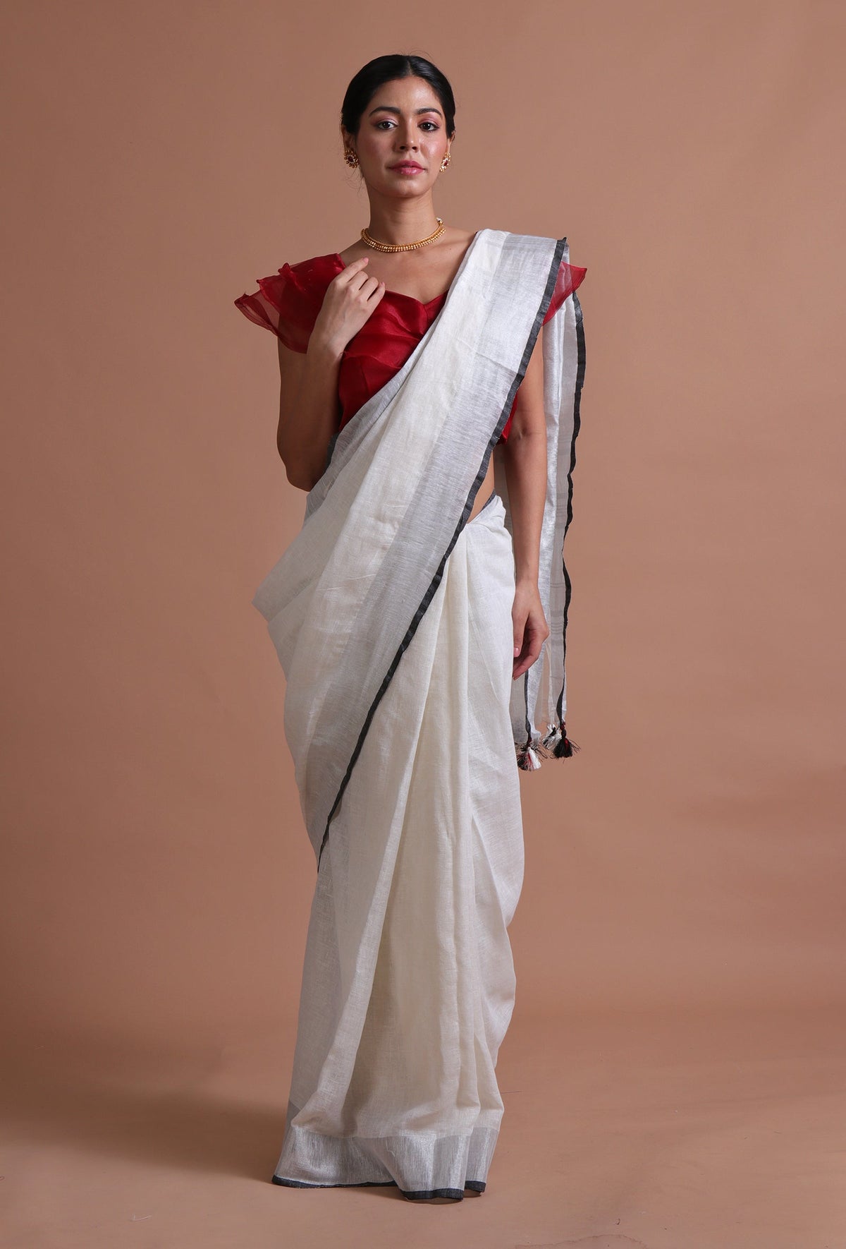 Off-White Cotton Linen Saree with Red Blouse