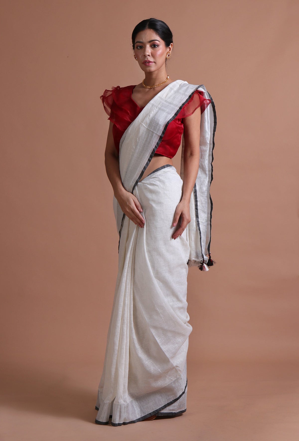 Off-White Cotton Linen Saree with Red Blouse