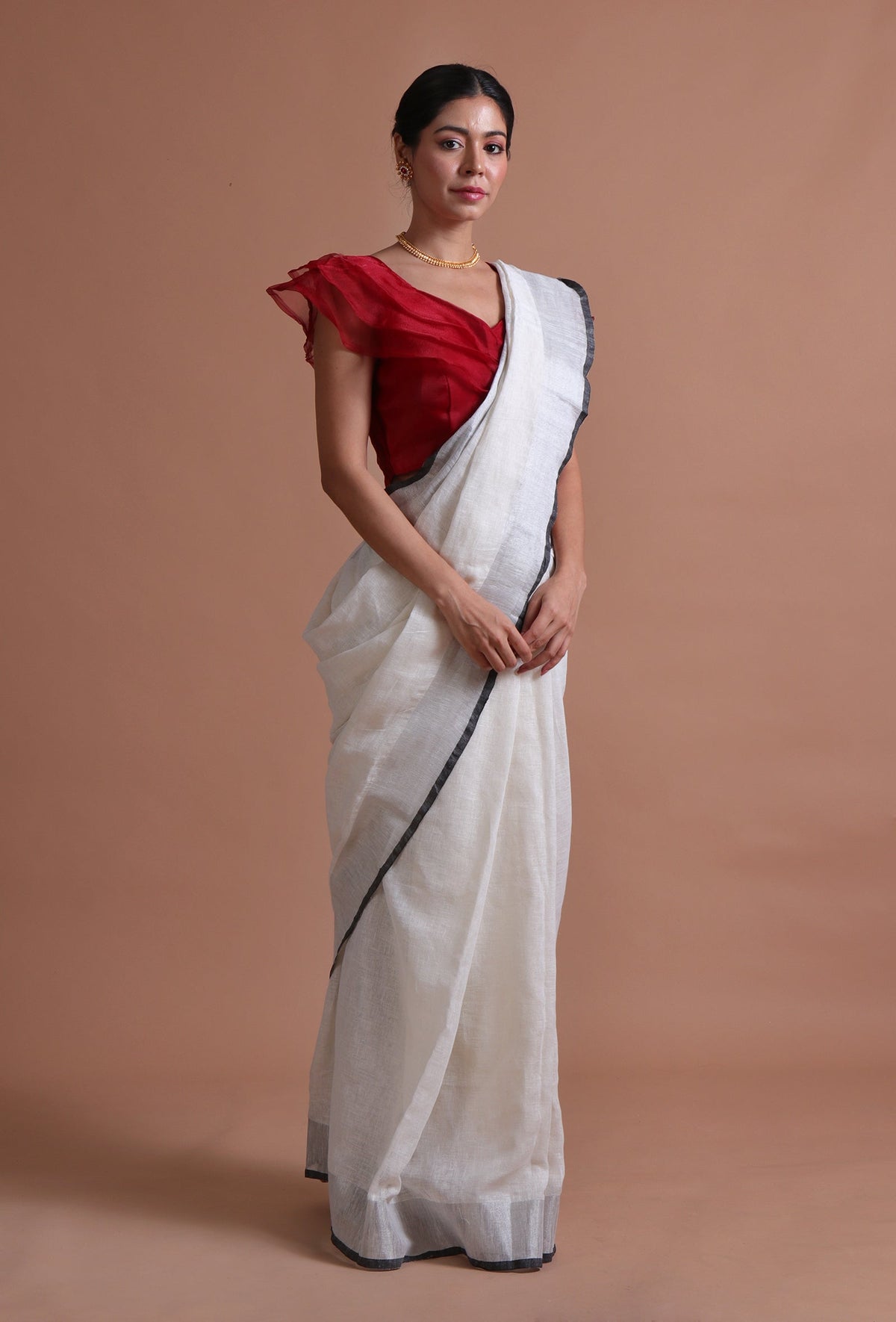 Off-White Cotton Linen Saree with Red Blouse