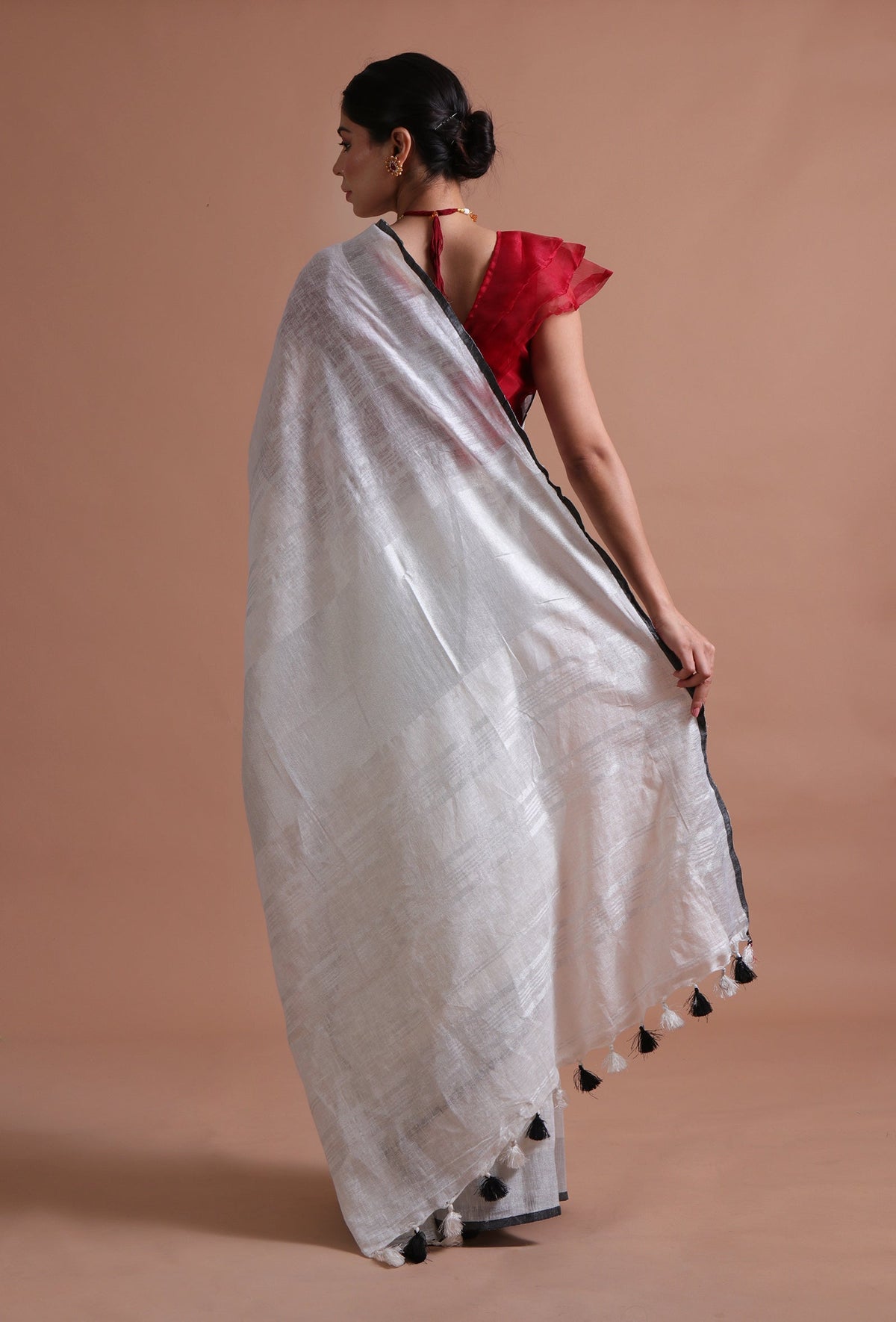 Off-White Cotton Linen Saree with Red Blouse