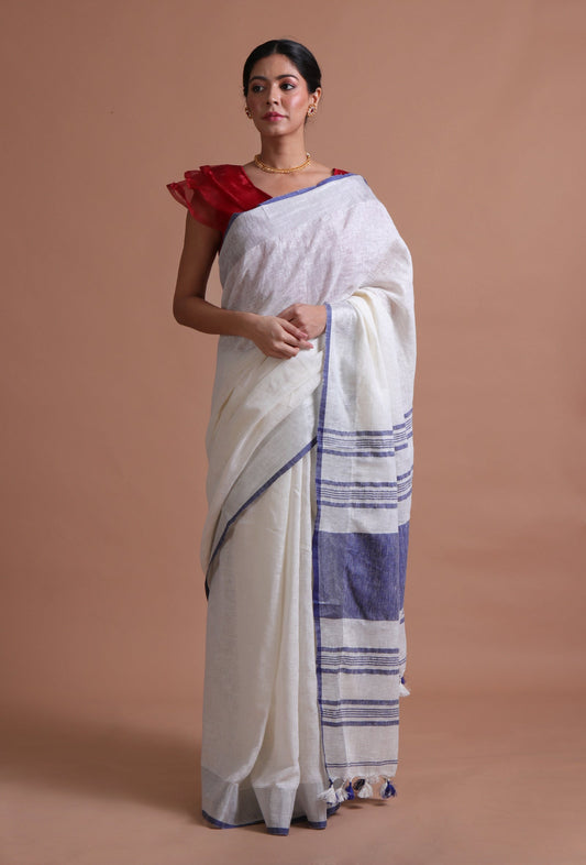 Handcrafted Off-White & Blue Cotton Linen Saree With Unstitched Blouse