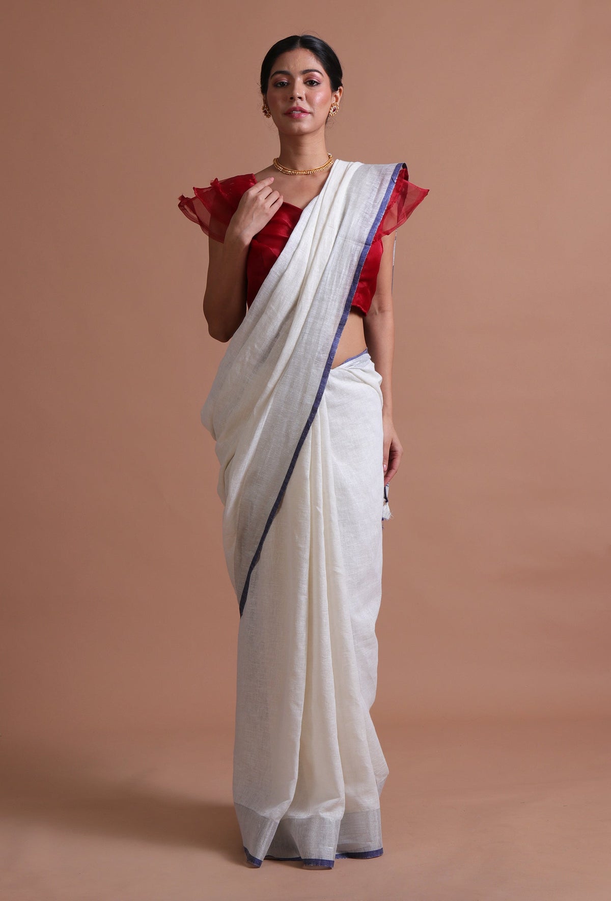 Handcrafted Off-White & Blue Cotton Linen Saree With Unstitched Blouse